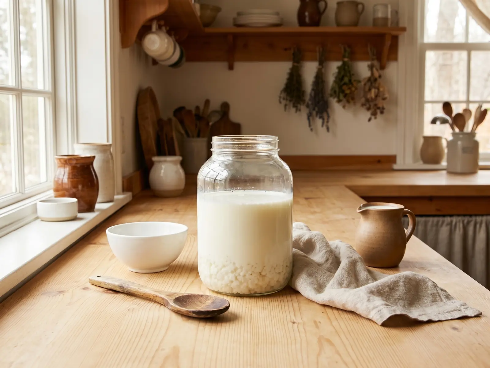 intolleranza ai fermenti lattici Barattolo di kefir in cucina con ciotola, cucchiaio e brocca di latte fresco su un piano chiaro.