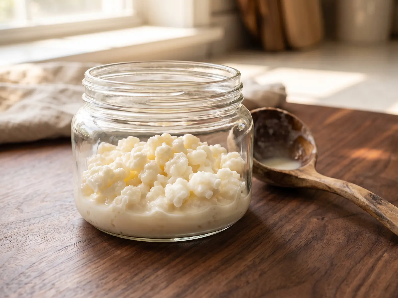 kefir quando berlo Barattolo di kefir di latte con granuli visibili e cucchiaio di legno su noce scuro alla luce della persiana