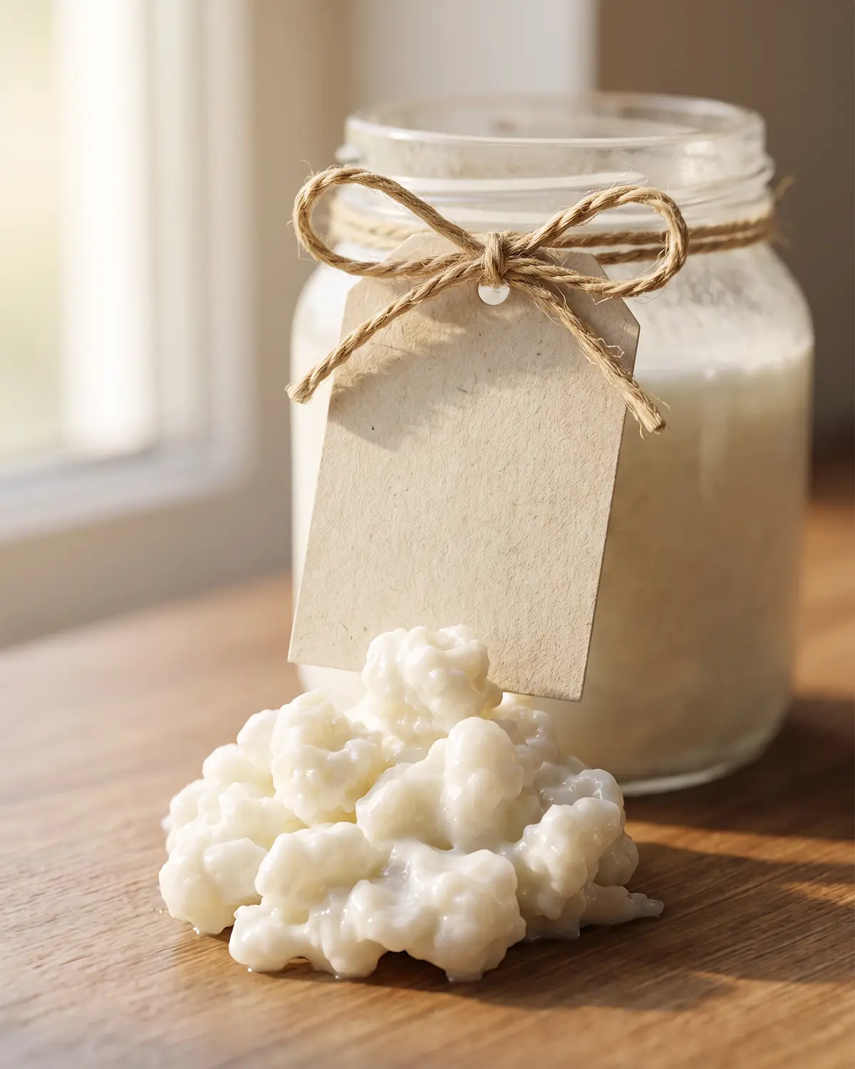 kefir e mal di stomaco Barattolo di kefir di latte sullo sfondo con etichetta vuota legata da uno spago in primo piano.