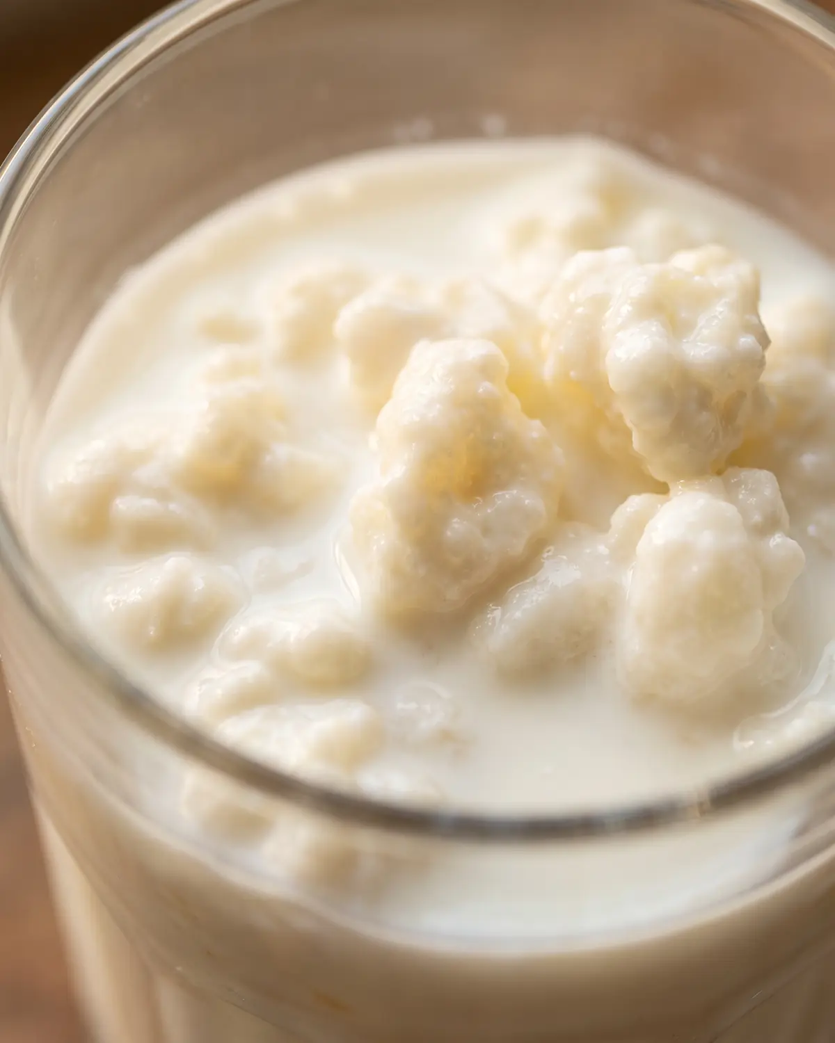 il kefir è lassativo Nuvole di latte avvolgono grani di kefir appena immersi in un barattolo di vetro visto da vicino.