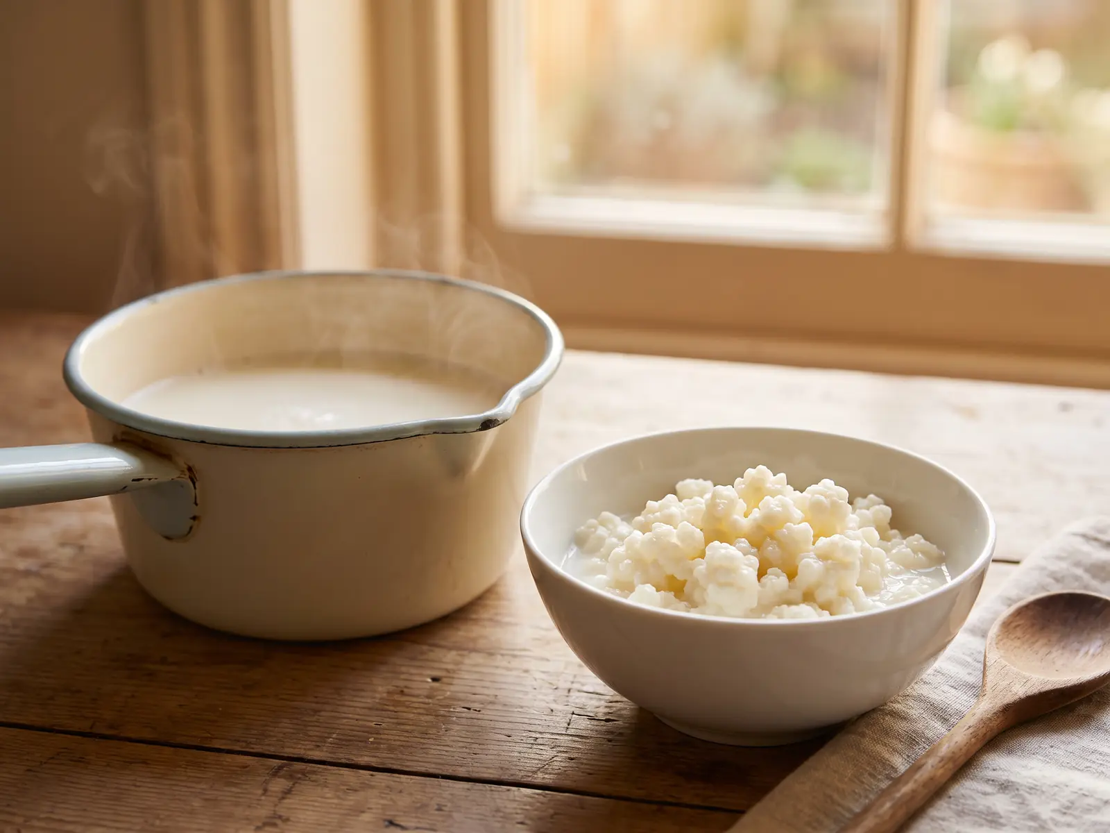 fermenti kefir Pentolino smaltato con latte tiepido, granuli di kefir in una ciotola bianca e luce calda dalla finestra