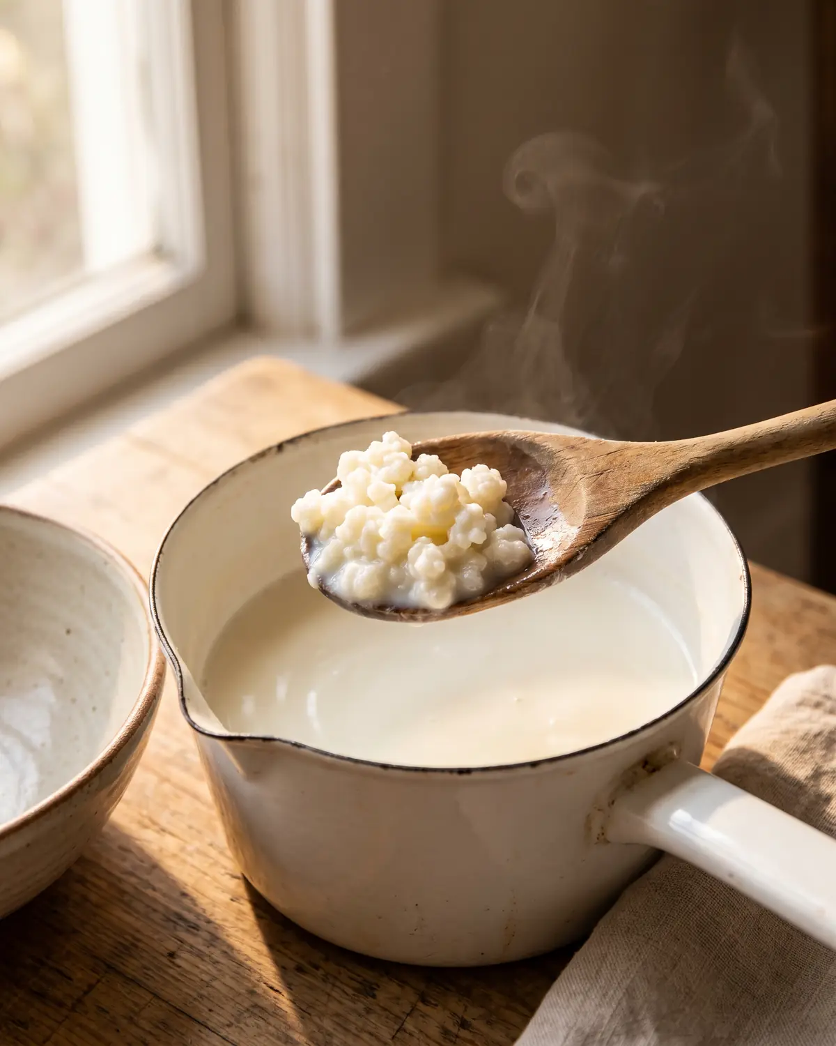 kefir quando prenderlo Latte tiepido in un pentolino smaltato con granuli di kefir pronti su un cucchiaio di legno.