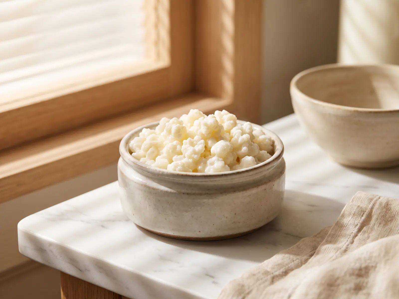 Barattolo basso con grani di kefir su marmo chiaro, illuminato da ombre di persiana e toni cremosi.