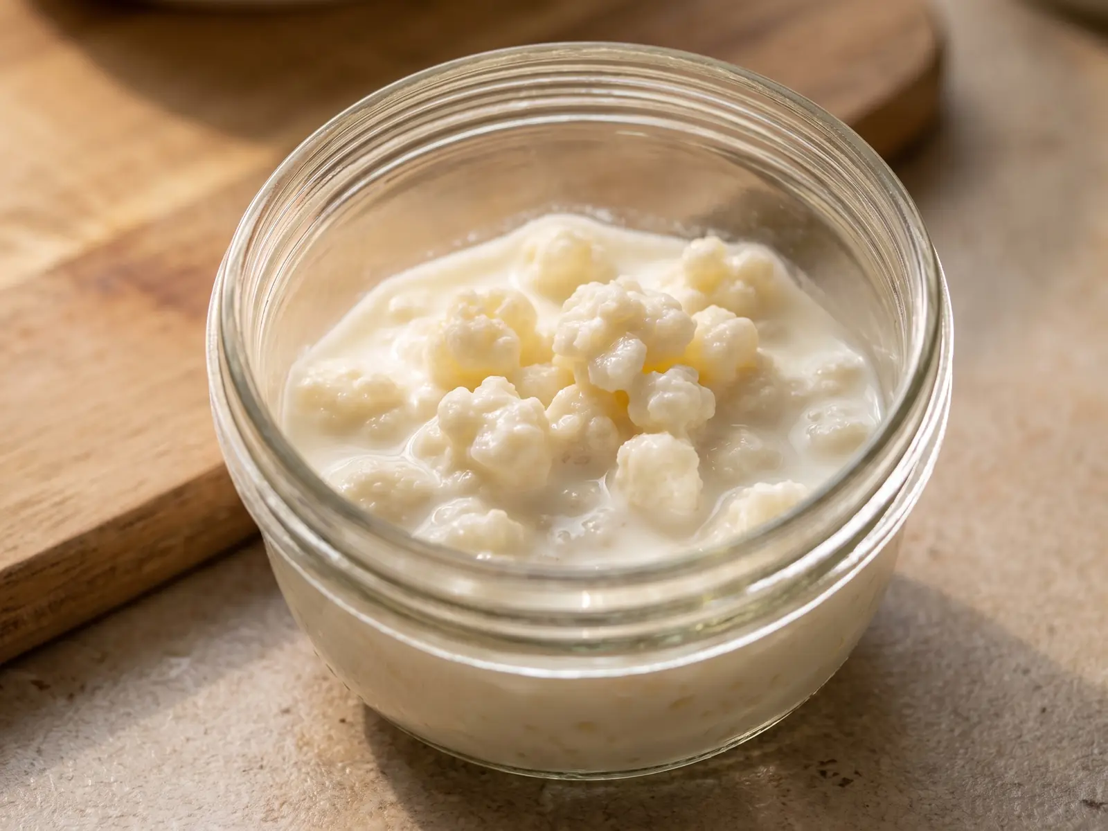 kefir mal di pancia Barattolo di kefir di latte appena riempito, con latte che avvolge grani irregolari su un piano neutro.