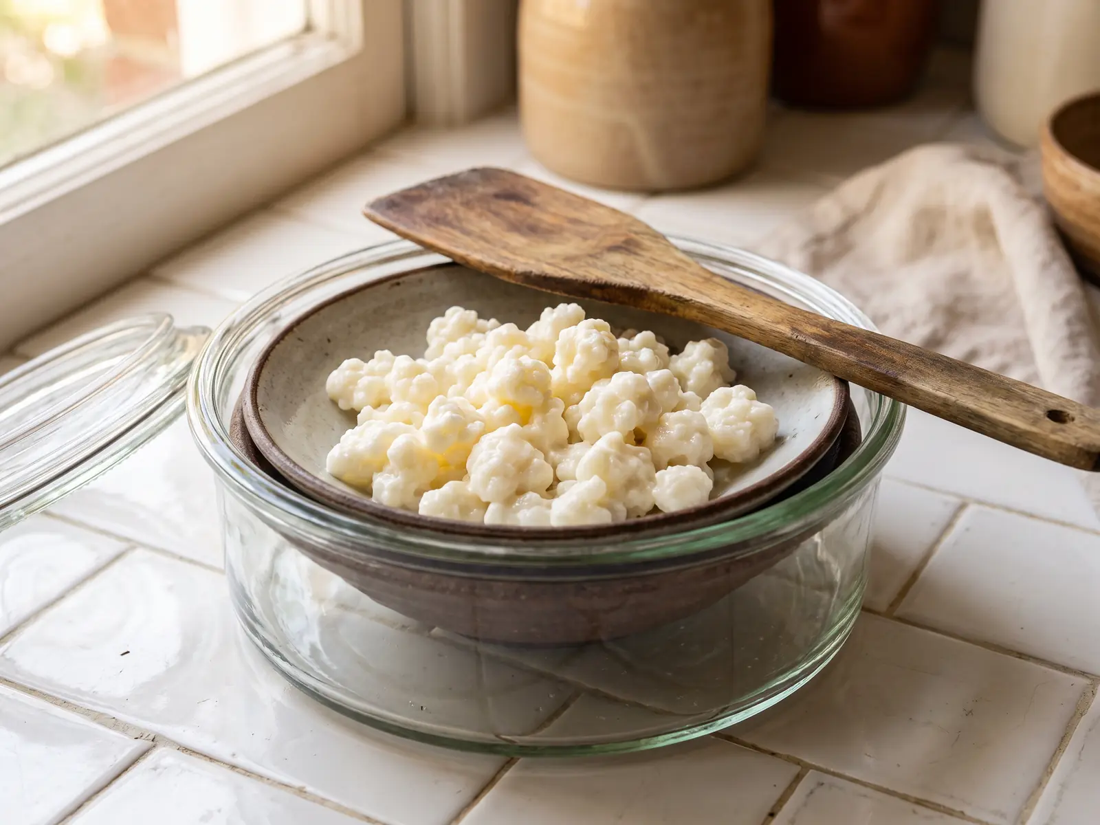 spacciatori di kefir Barattolo aperto con grani di kefir su piatto fondo e spatola di legno su piano di piastrelle bianche.