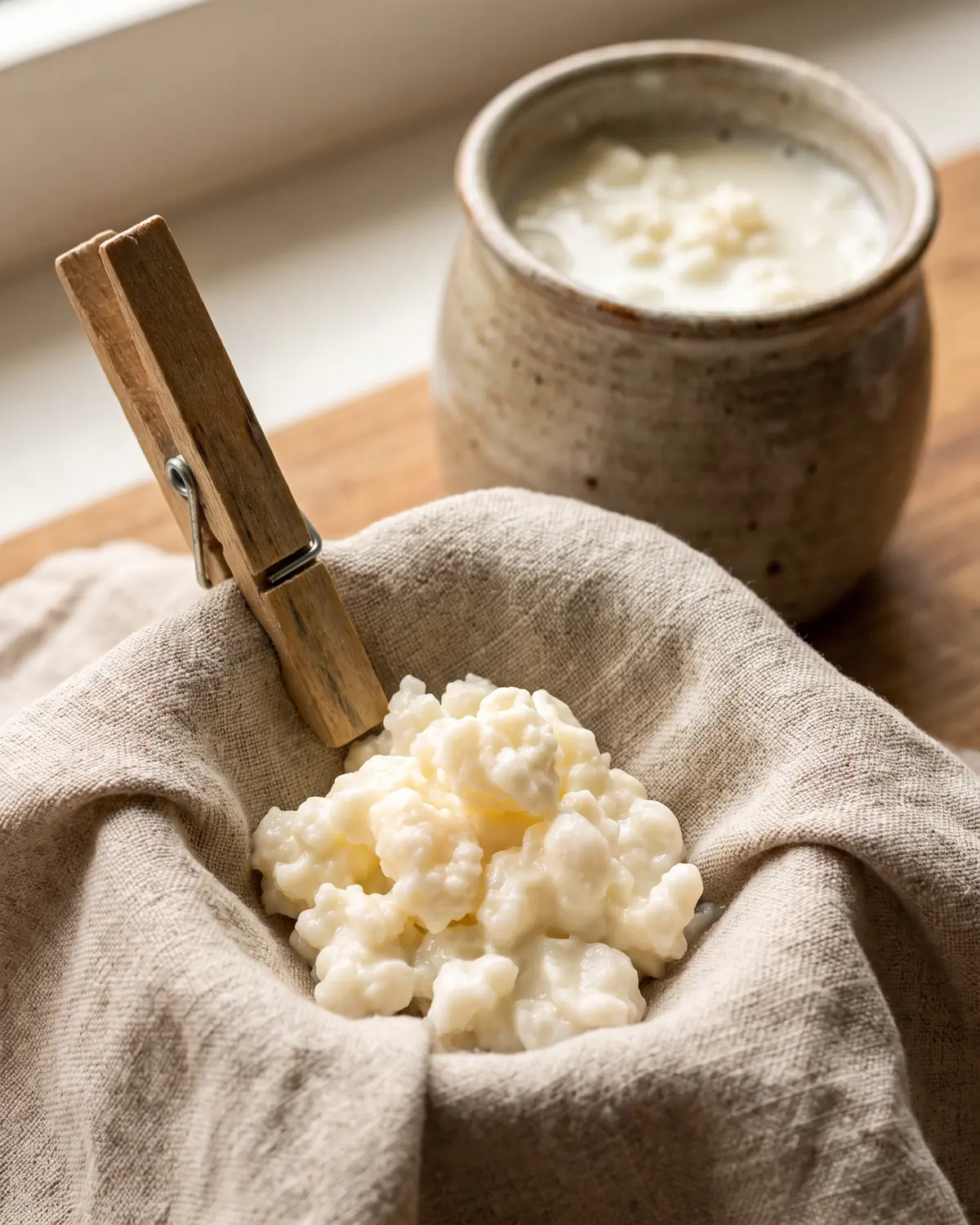 fermenti colon irritabile Una pinza di legno solleva un panno di lino accanto a grani di kefir e a un barattolo lattiginoso sfocato.