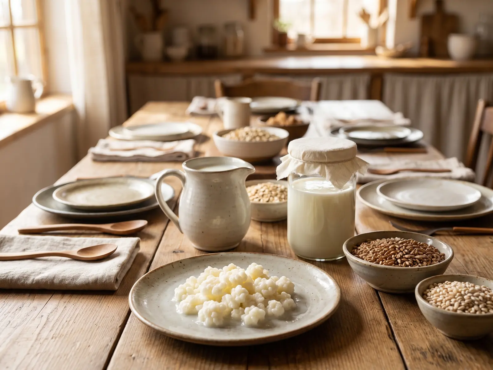 limoni fermentati Tavola apparecchiata con brocca di latte, barattolo di kefir e grani accanto a piatti in ceramica.