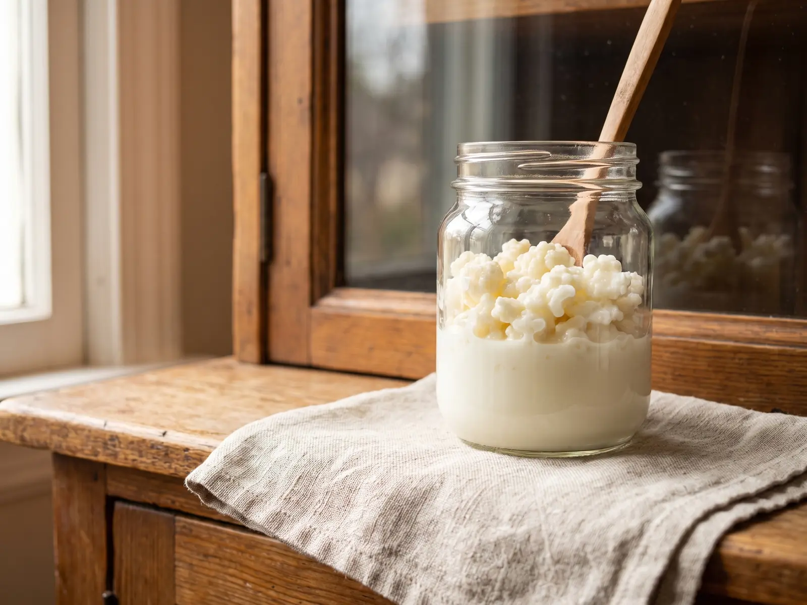 fermenti kefir di latte Barattolo di kefir di latte con granuli vivi riflesso nel vetro di una credenza e lino grezzo accanto
