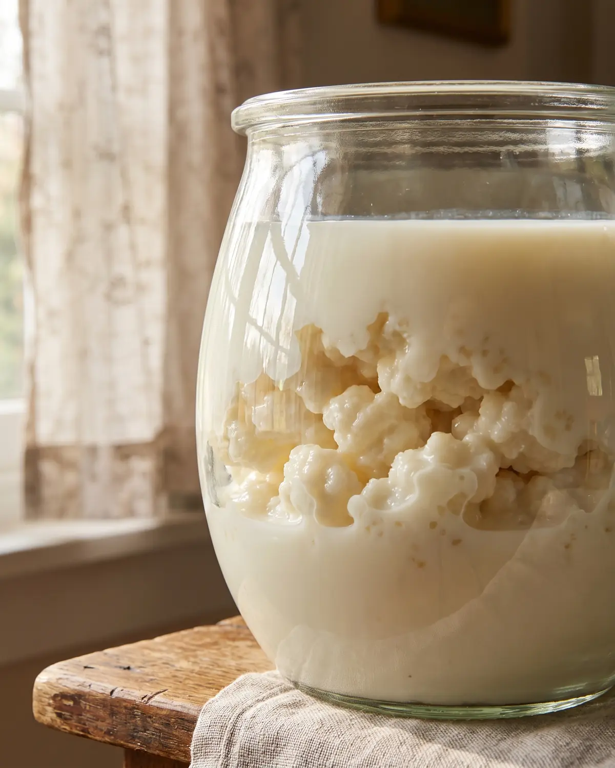 kefir vivo Barattolo curvo con kefir di latte cremoso e granuli visibili, attraversato dal riflesso di una tenda.