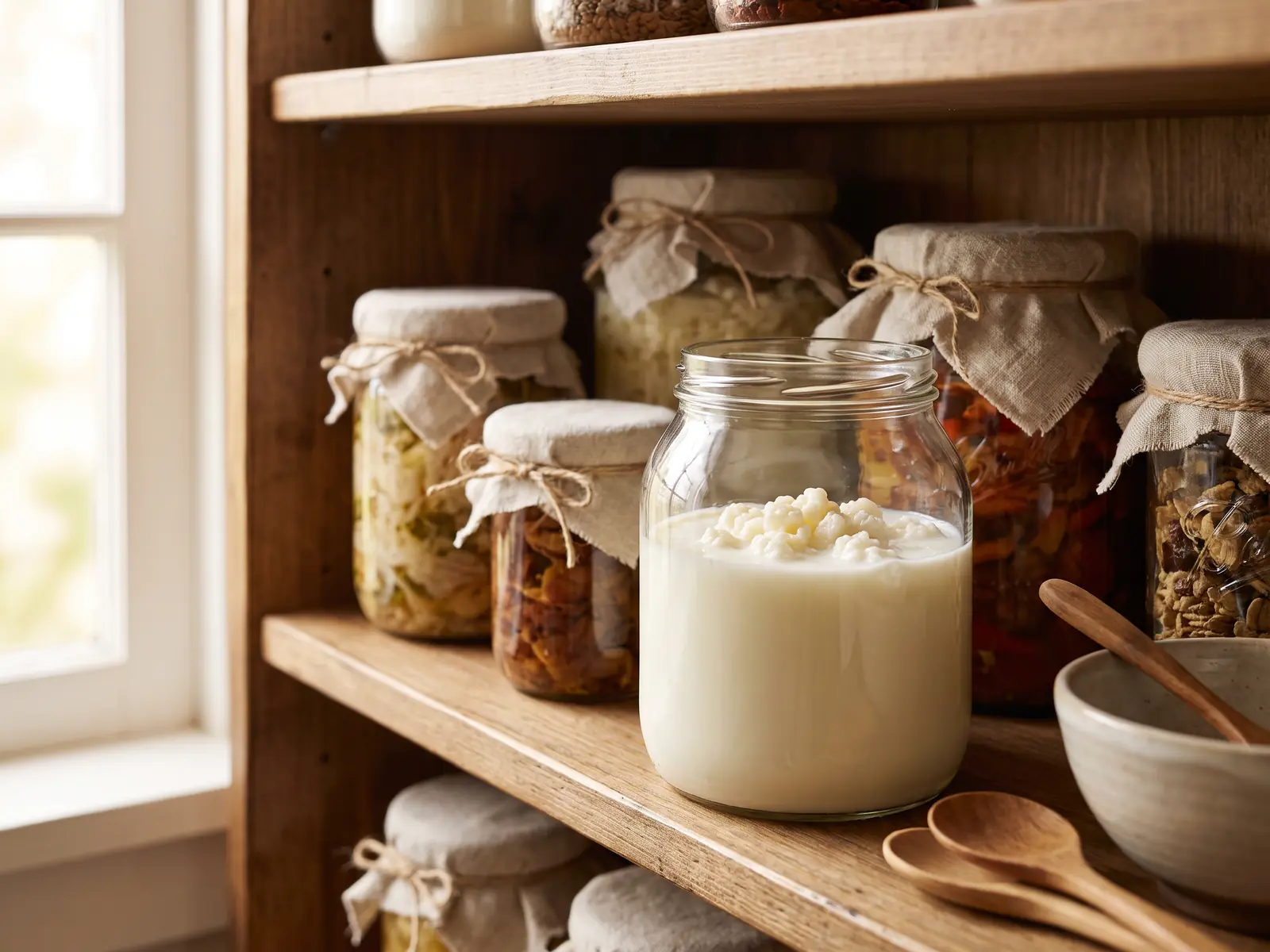 comprare kefir supermercato Barattoli di kefir su uno scaffale, con grani bianco crema immersi nel latte in un contenitore aperto.