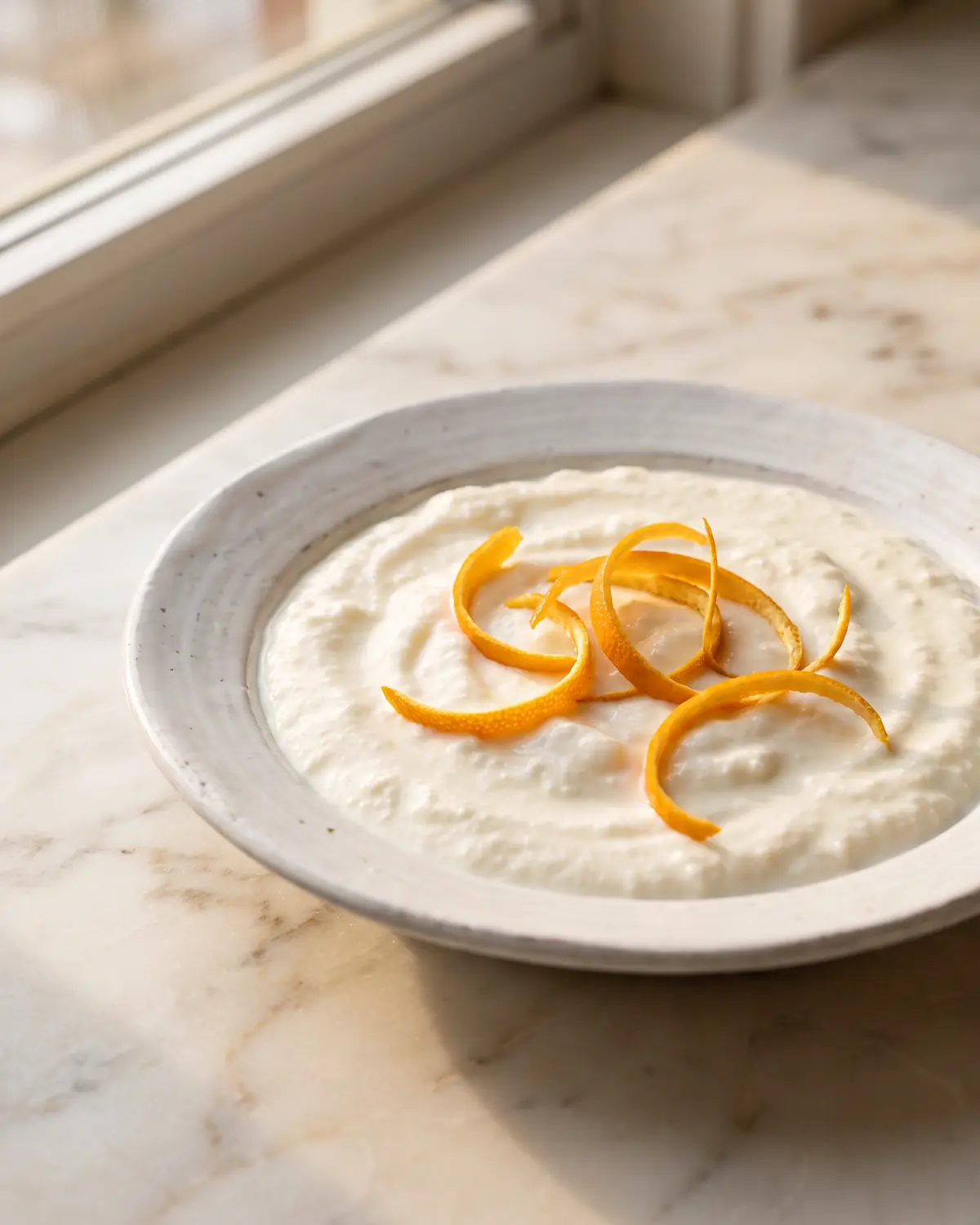 bere kefir dopo cena Kefir di latte colato in un piatto bianco con scorza d’arancia, luce invernale e marmo chiaro.