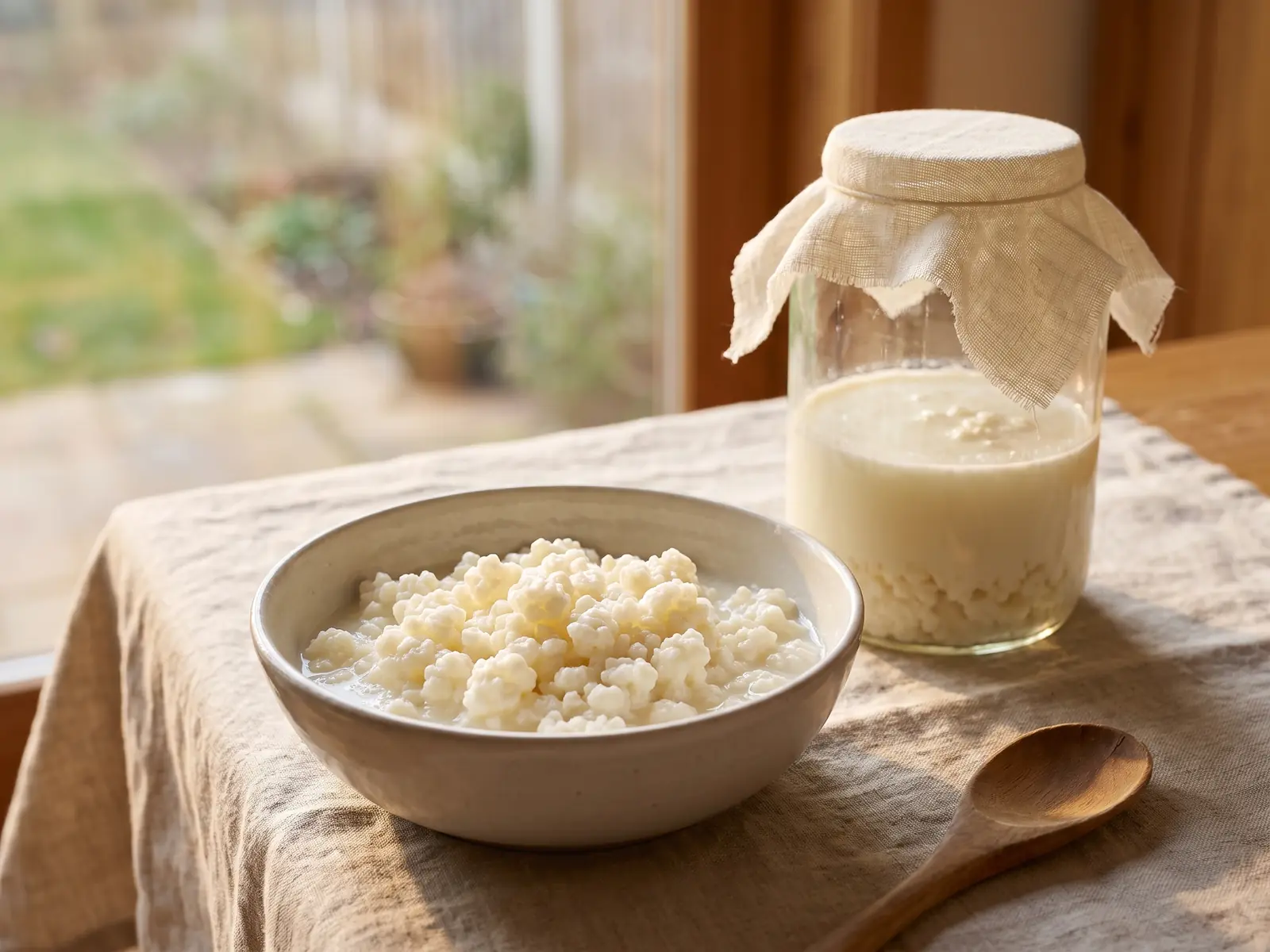 www kefir it Barattolo di kefir in fermentazione su lino, con ciotola di grani umidi accanto alla finestra