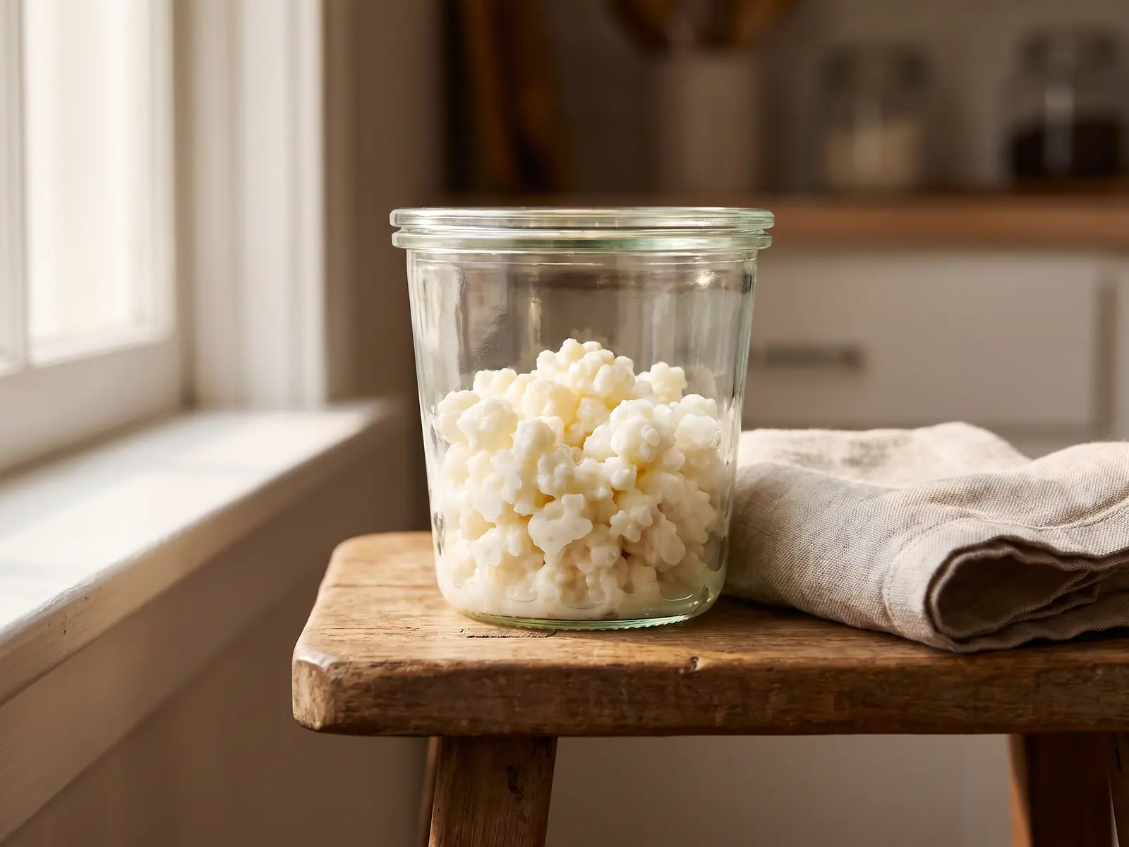 kefir al cane Barattolo di kefir di latte in fermentazione su uno sgabello, con grani visibili e lino piegato vicino alla finestra.