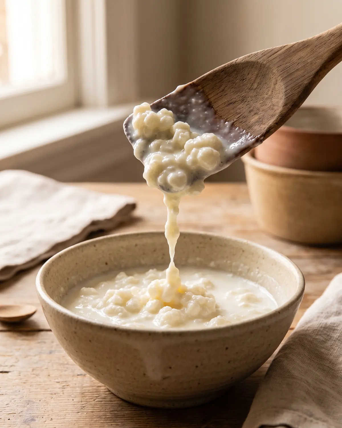 kefir per diabetici Kefir di latte denso che forma un filo corto da una spatola di legno su ceramica beige