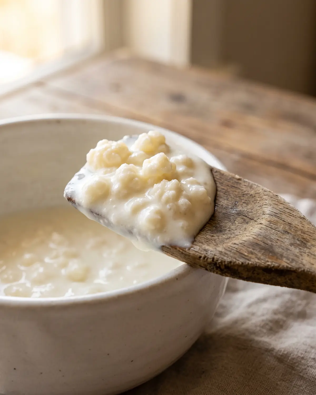 kefir è meteorismo Spatola di legno che raccoglie kefir denso dal bordo di un ciotola bianco opaco.