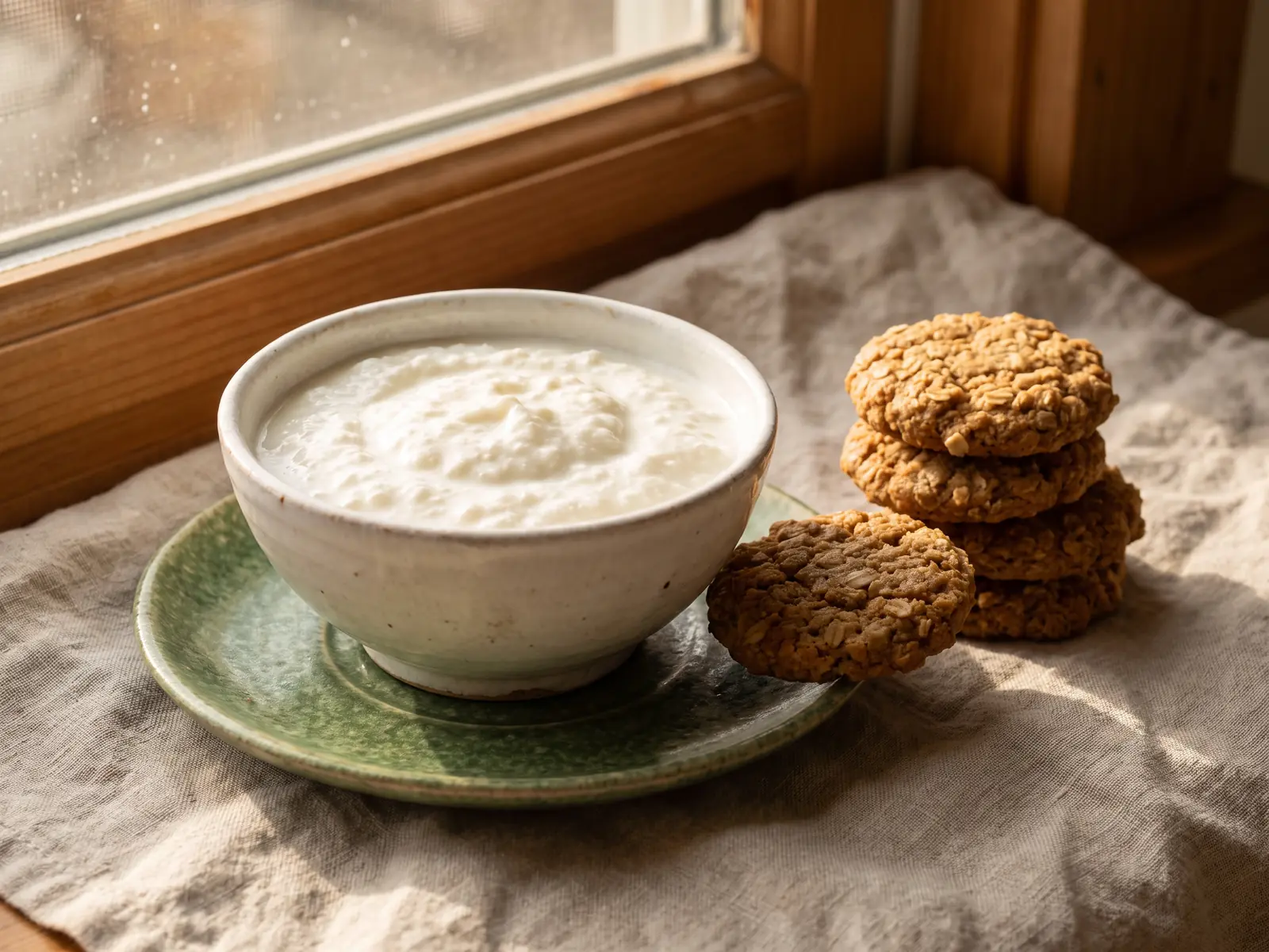 il kefir si può scaldare Merenda casalinga con kefir naturale, biscotti d’avena e piattino verde accanto a una finestra calda.