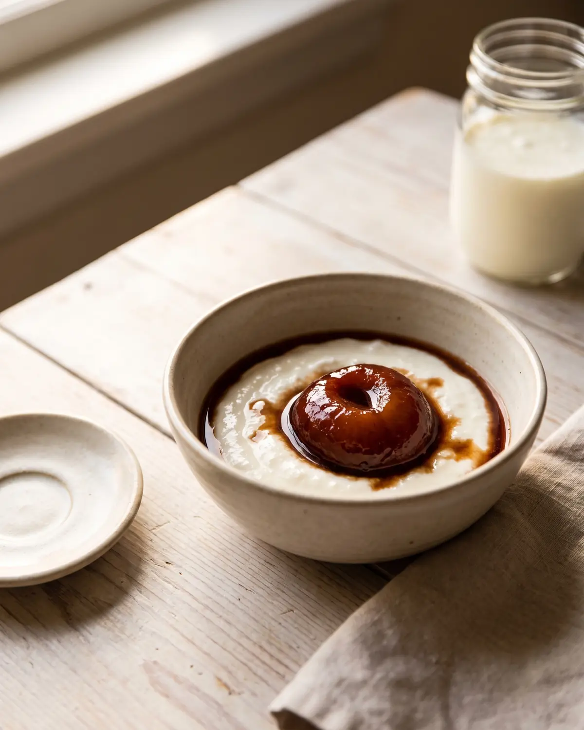 kefir quando assumerlo Kefir servito come merenda con prugna cotta, ceramica chiara e luce morbida vicino alla finestra.