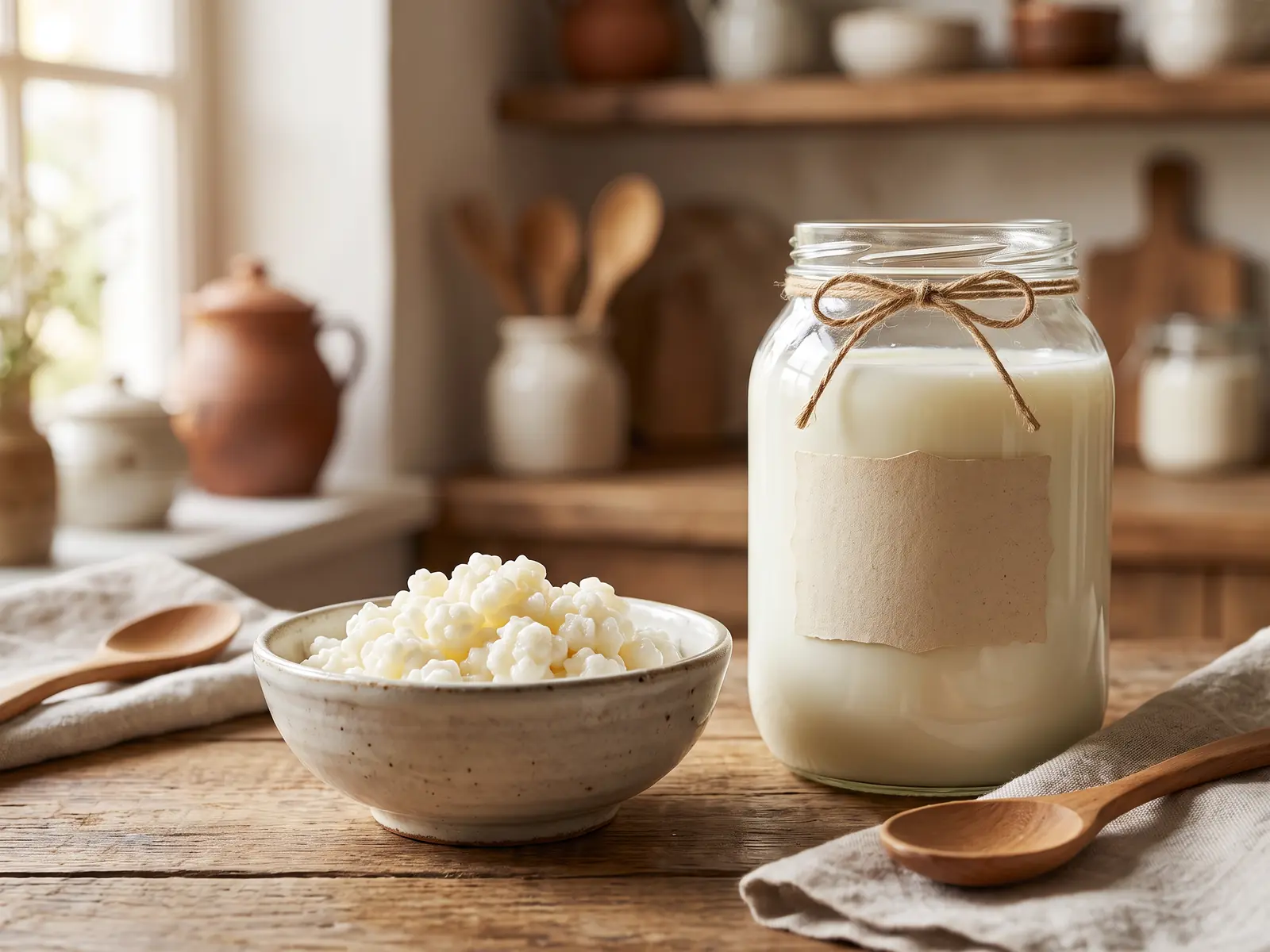 i grani di kefir si possono congelare Stazione casalinga di fermentazione con barattolo di kefir, grani in ceramica e cartellino vuoto
