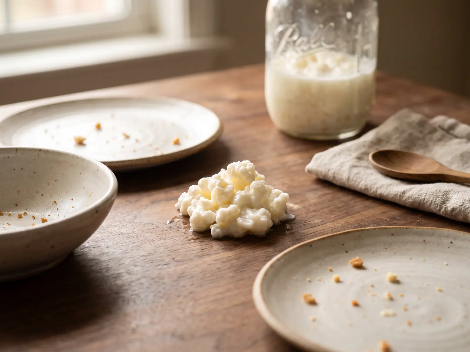 kefir glicemia Tavola in noce con piatti in ceramica e un barattolo di kefir con grani sullo sfondo.
