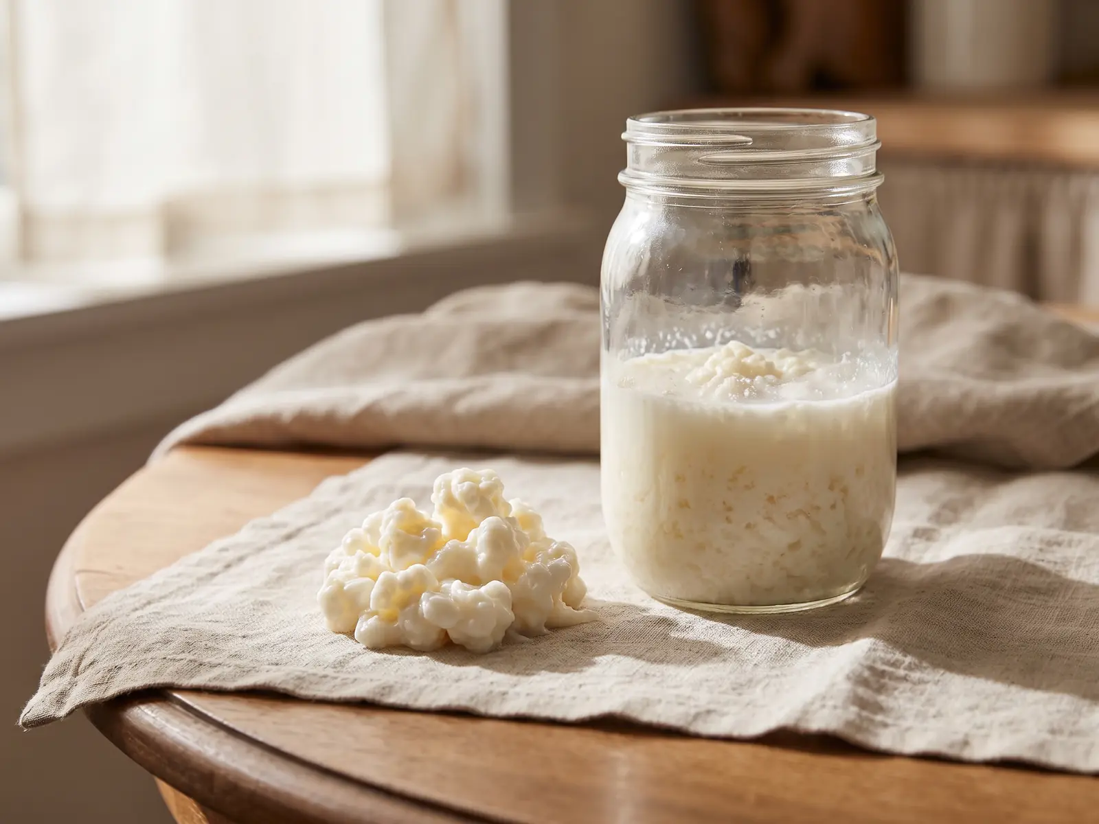 kefir quanto berne Barattolo di kefir di latte con granuli su una tavola rotonda in lino, illuminato da luce naturale morbida.