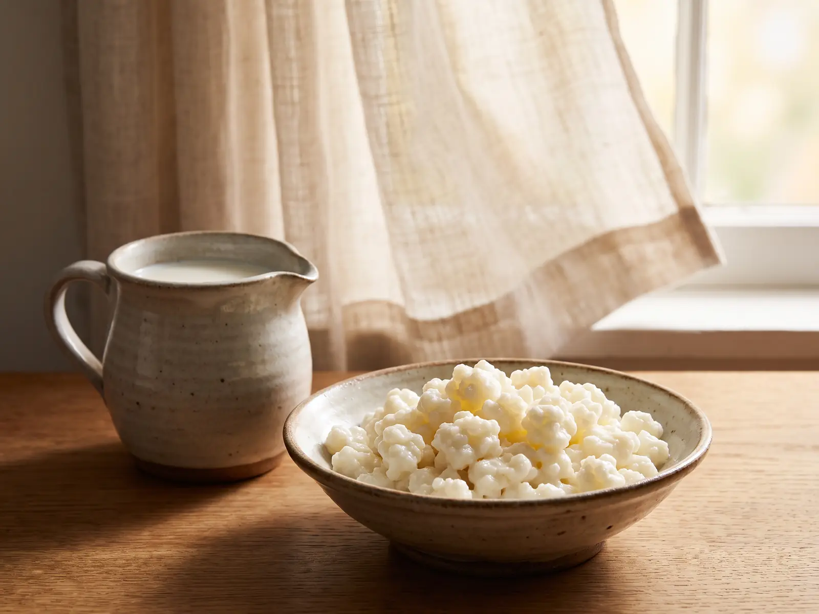 donatori di kefir Ciotola con grani di kefir e brocca in ceramica accanto a una tenda di lino mossa dalla brezza.