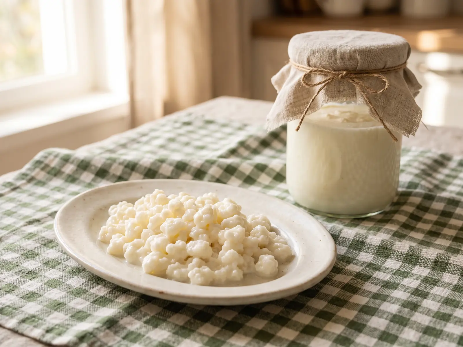 fermenti menu Granuli di kefir su un piatto ovale, con barattolo coperto da lino su una tovaglia a quadri verdi.
