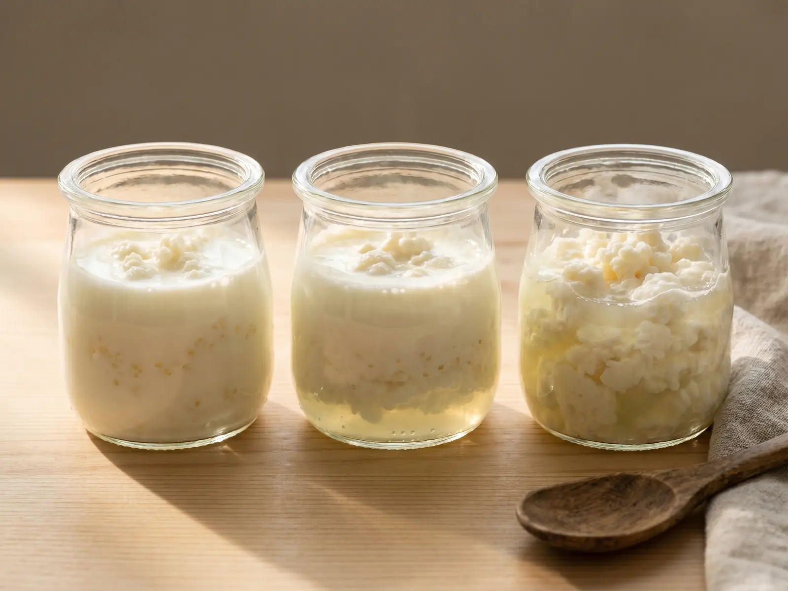 kefir fermenti lattici Tre barattoli mostrano diverse fasi del kefir di latte, con crema e siero separati delicatamente.