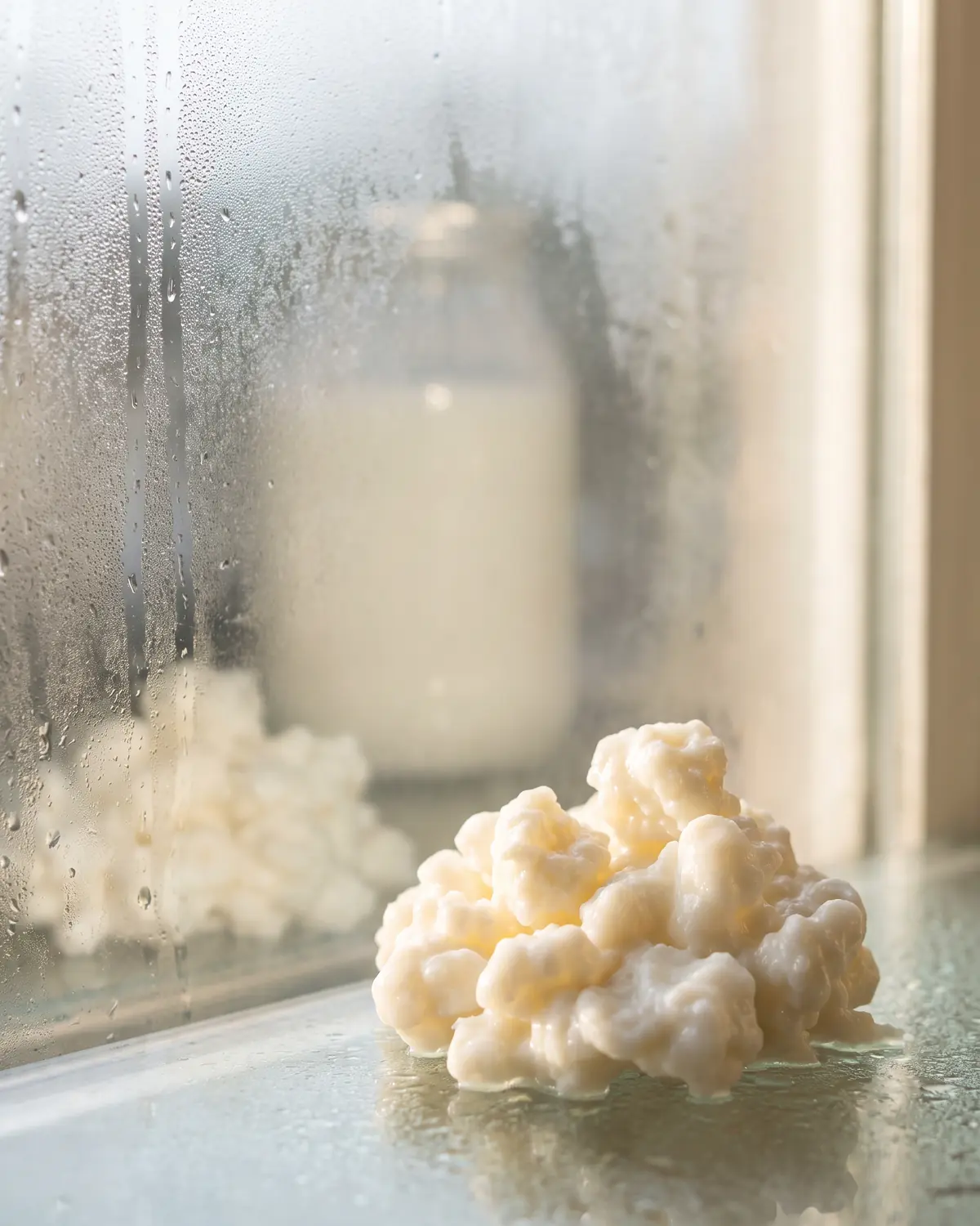 kefir madre Un barattolo di kefir di latte appare dietro il vetro appannato, con grani appena visibili nella sagoma.