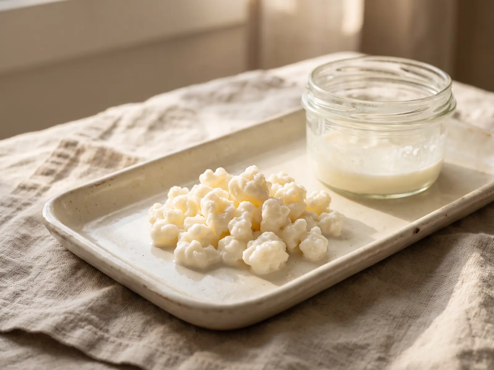 kefir fa dimagrire Vassoio in ceramica con grani di kefir di latte, barattolo aperto e tessuto di lino alla luce naturale
