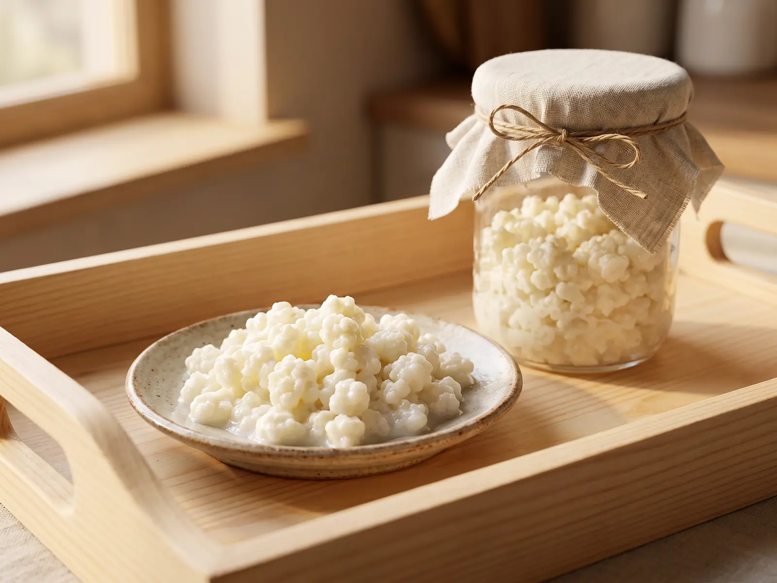 fermentiamo it Vassoio di pino chiaro con barattolo coperto e piattino di granuli di kefir color crema.