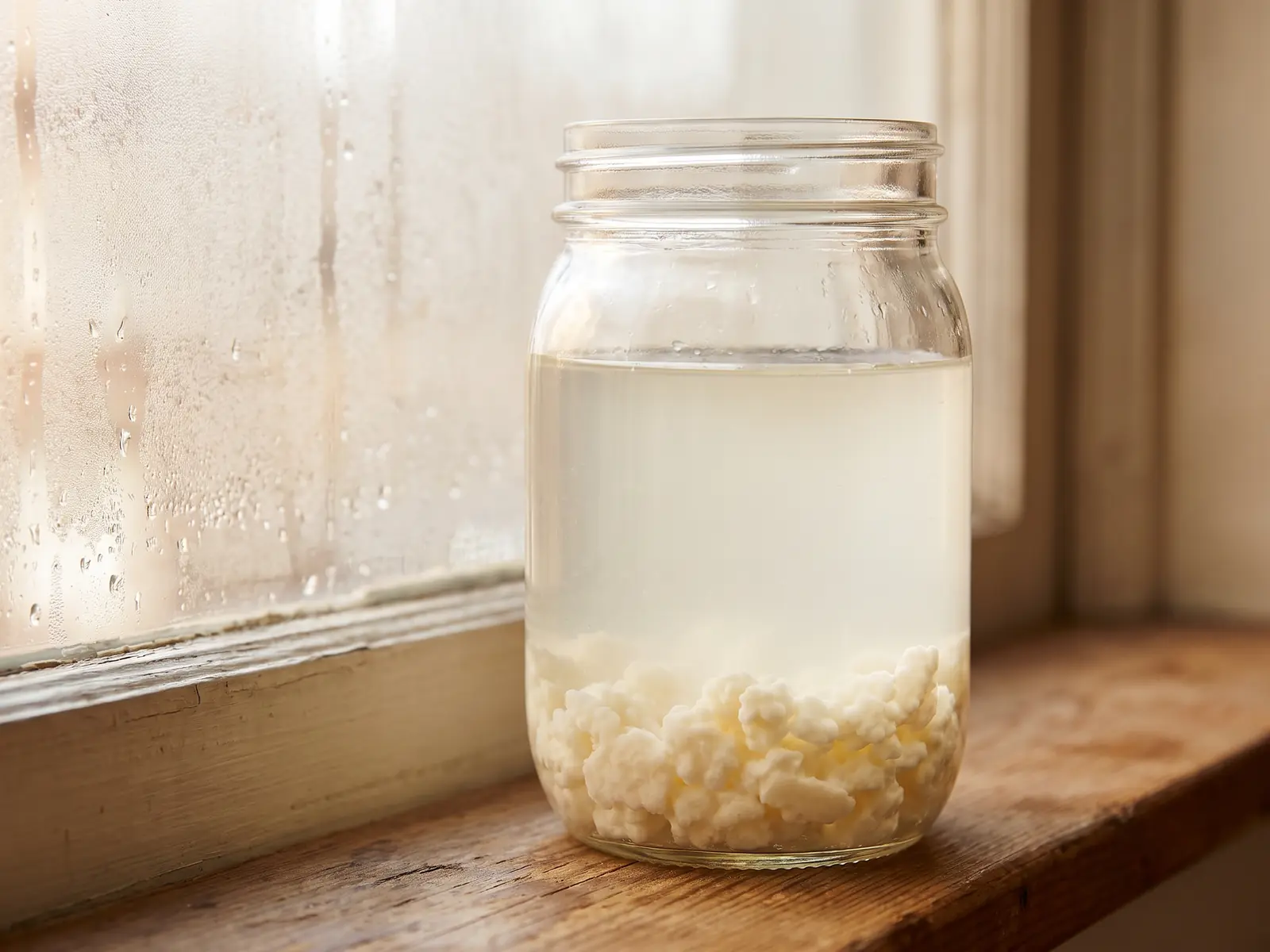 lista donatori kefir Barattolo di kefir di latte davanti a un vetro appannato, con grani visibili sul fondo del contenitore.