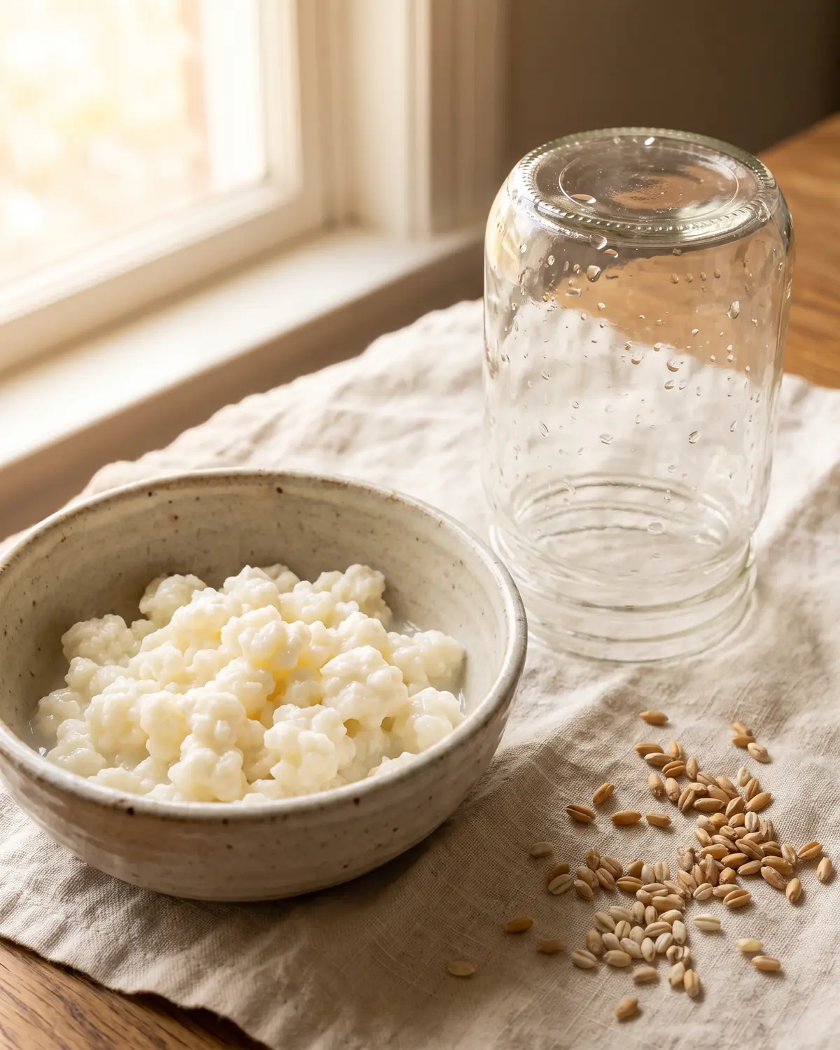 kefir gonfia la pancia Vaso appena risciacquato capovolto su lino, con grani di kefir in una ciotola di ceramica vicina.