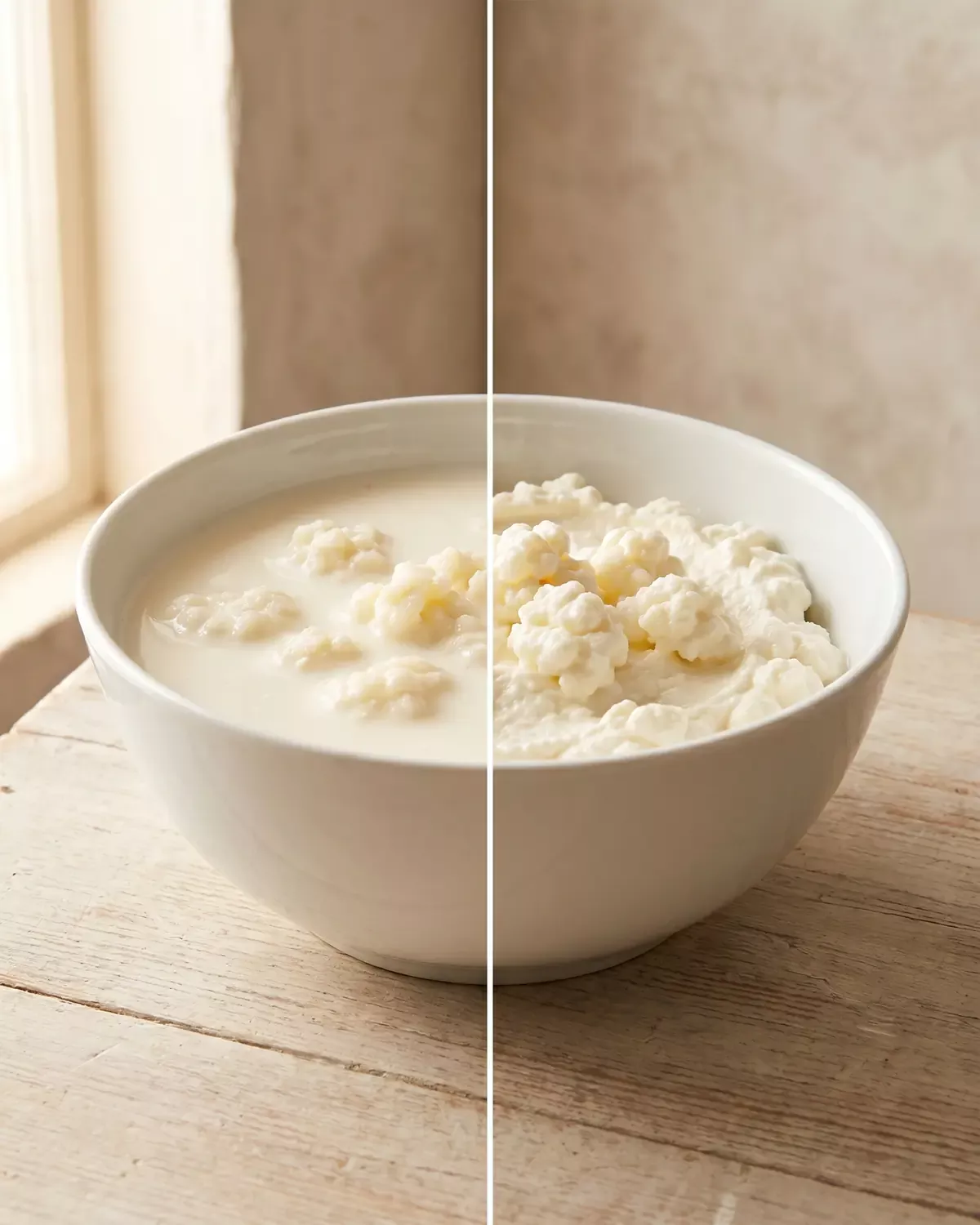 Due ciotole di ceramica bianca mostrano kefir di latte pi&ugrave; liquido e kefir scolato a confronto.