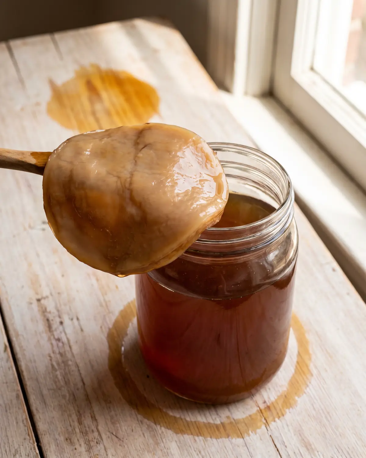 kombucha gusto Dettaglio su legno chiaro con anello umido del barattolo e SCOBY ambrato visibile in alto.