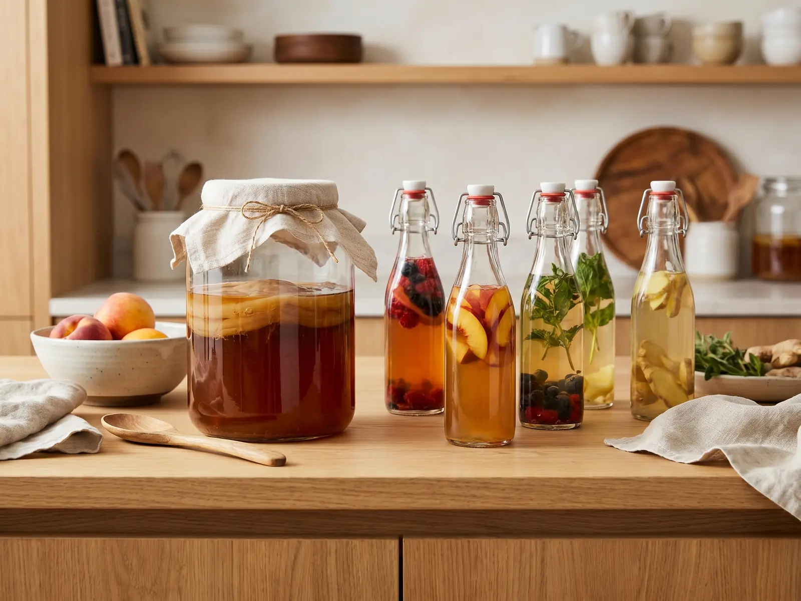 scoby hotel Barattoli di kombucha in fermentazione su una cucina, con colture e liquido ambrato in diverse fasi.