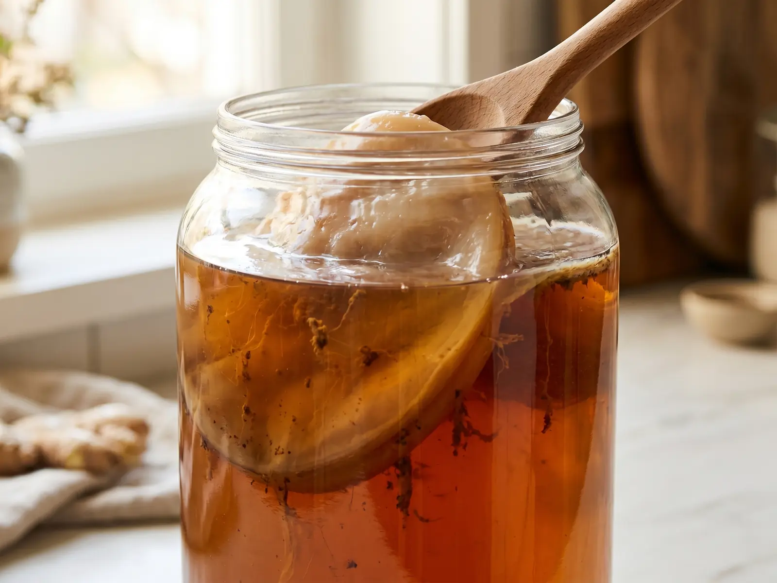 scubi kombucha Barattolo di kombucha con tè scuro e filamenti di lievito visibili vicino a una finestra in controluce