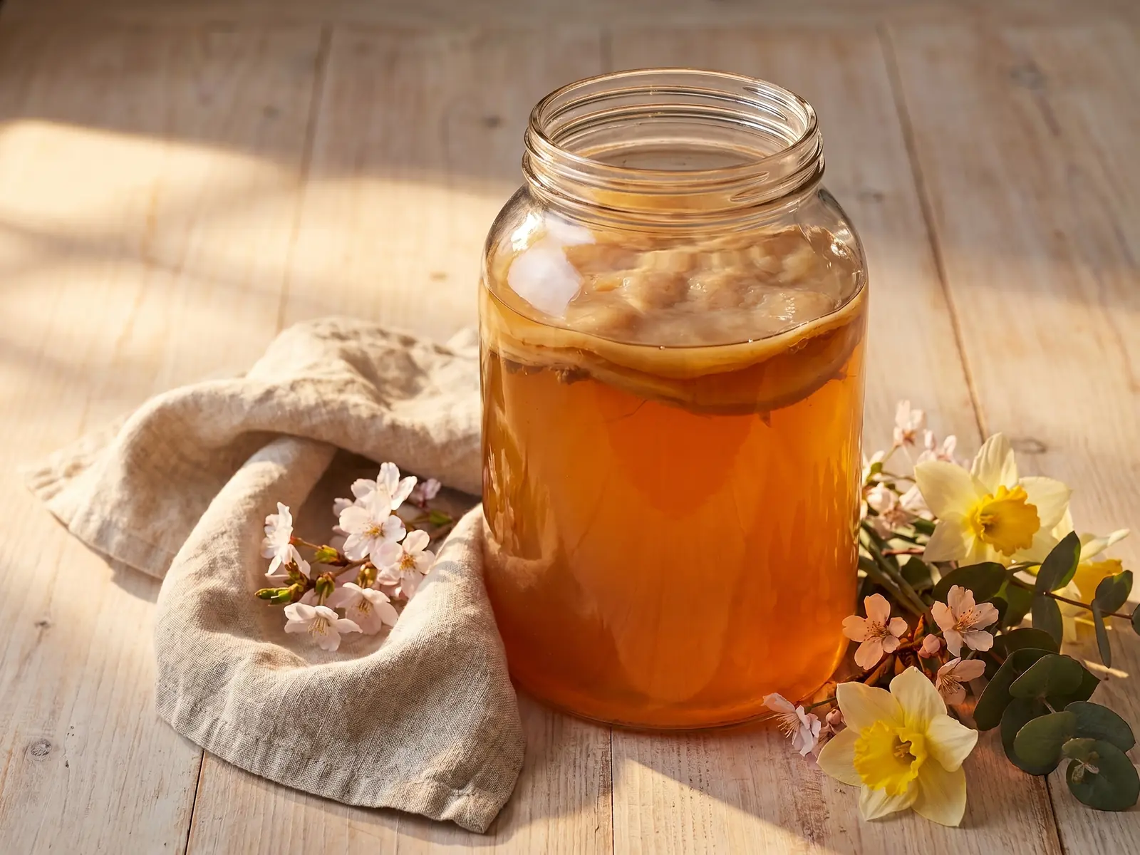 Tarro di kombucha ambrata accanto a fiori primaverili, lino naturale e luce calda laterale.