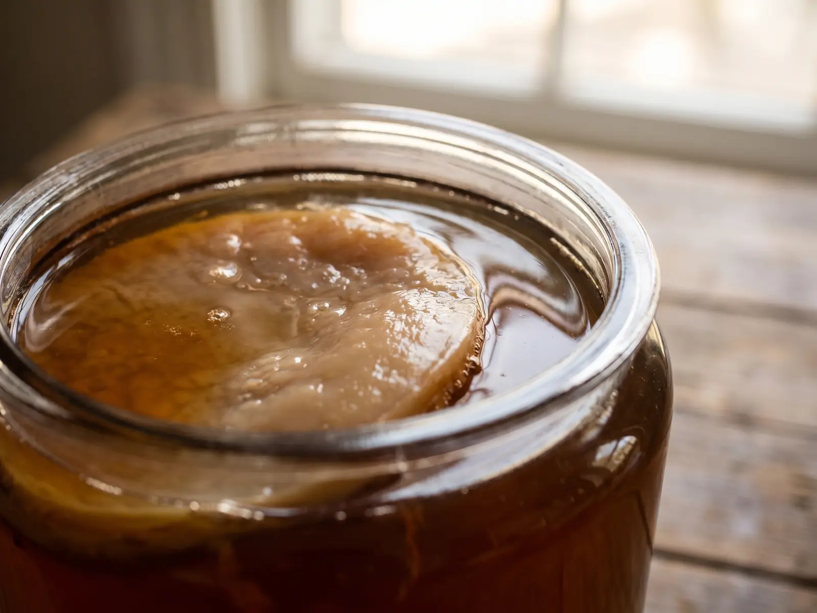 Tarro di kombucha con SCOBY che galleggia sotto la superficie in t&egrave; ambrato illuminato dalla finestra