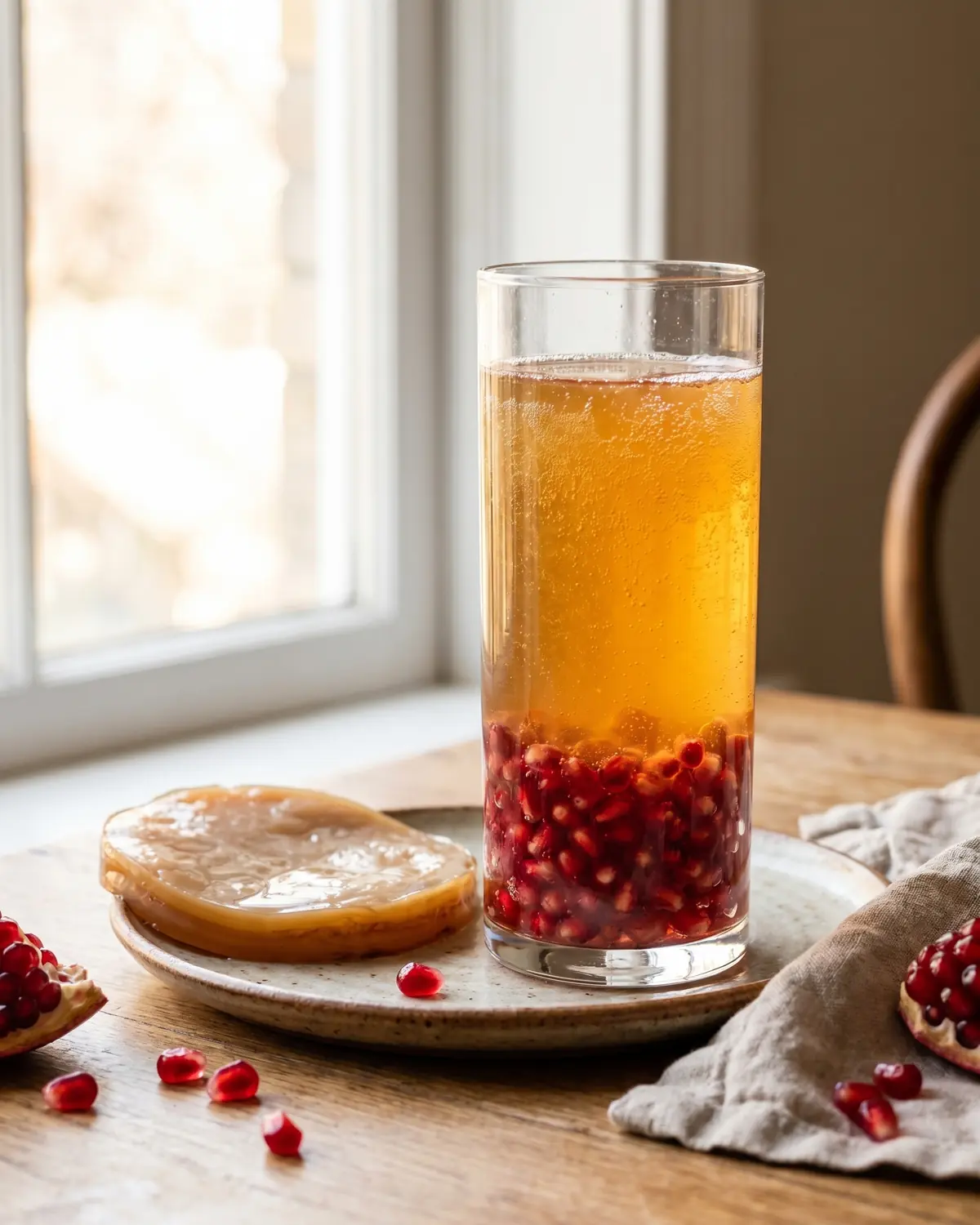 Bicchiere verticale di kombucha con melograno, semi sul fondo e luce naturale vicino alla finestra.