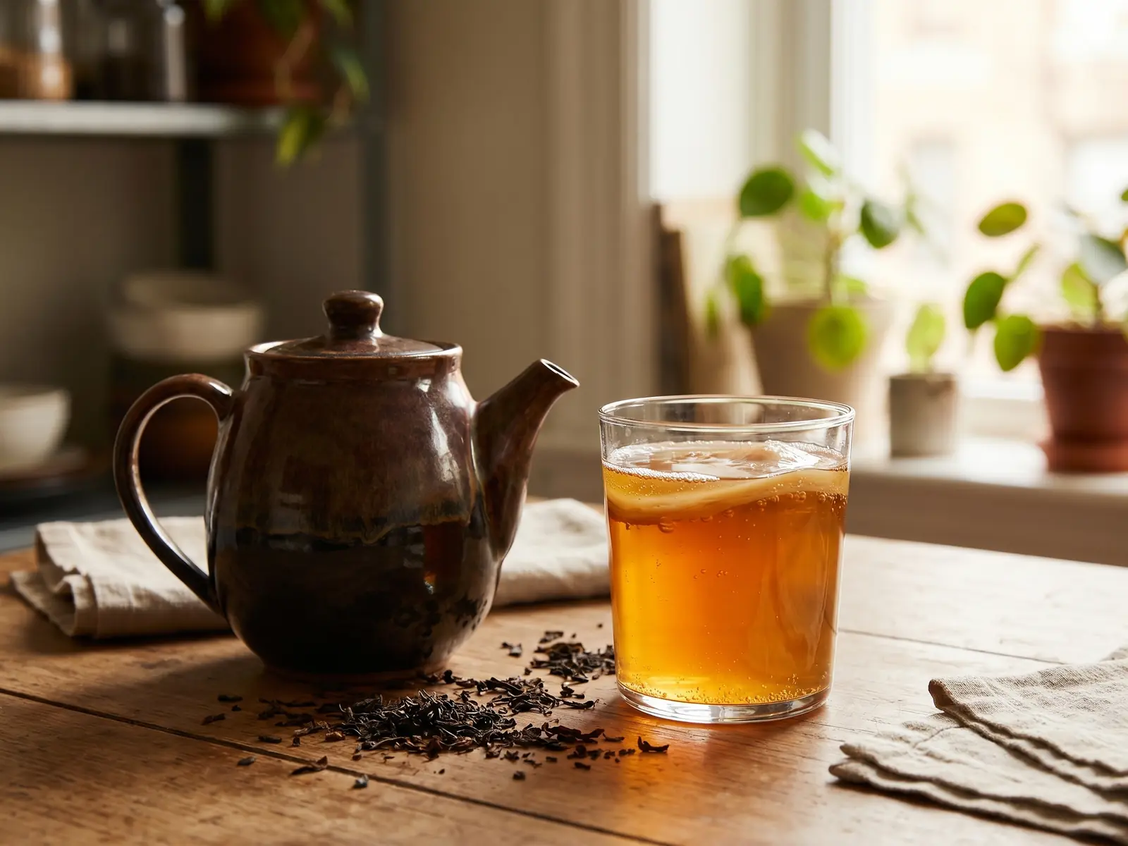 kombucha è alcolico Bicchiere di kombucha accanto a una teiera in ceramica e foglie di tè su un piano da cucina.