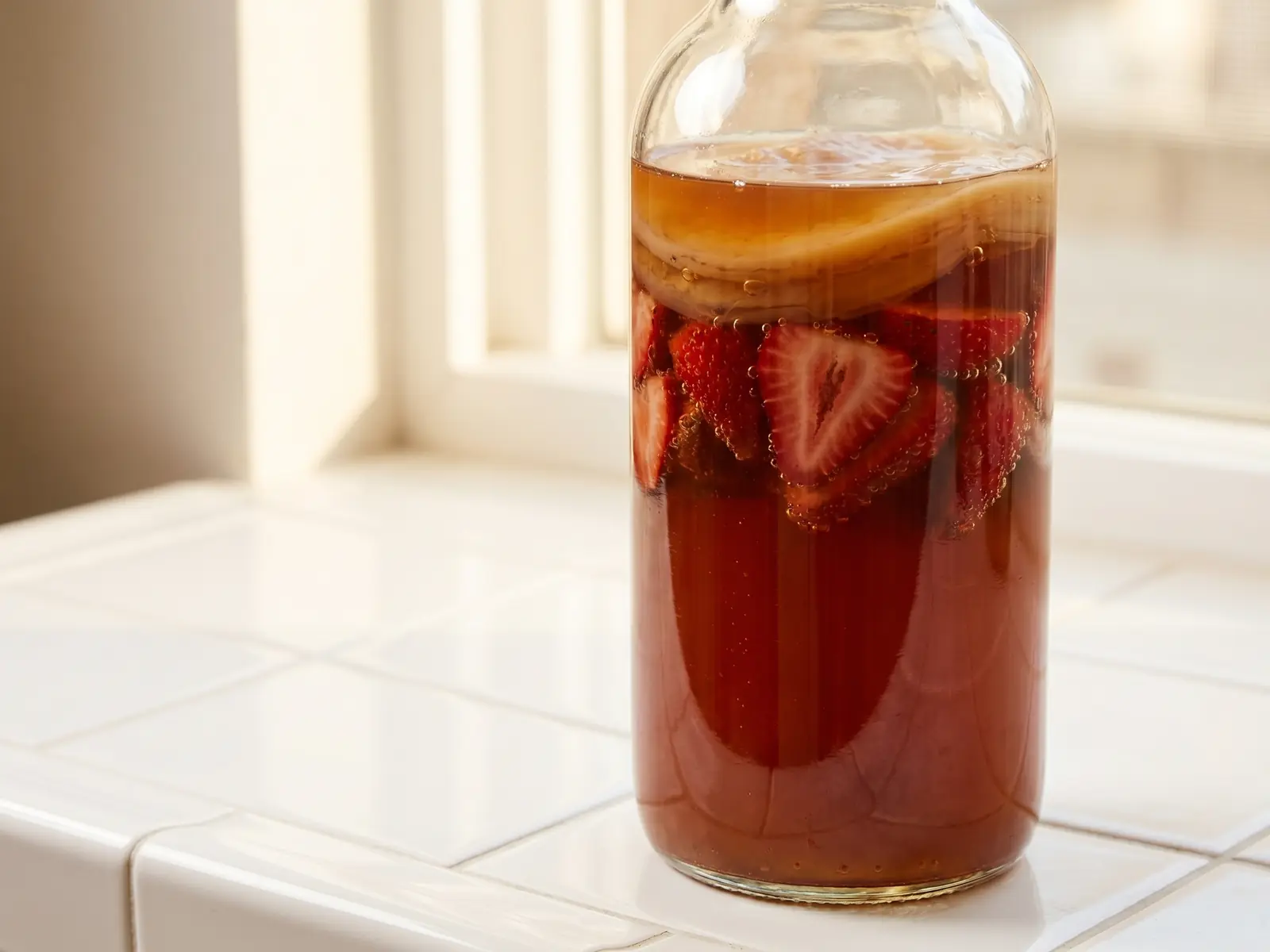 kombucha conad Bottiglia di kombucha con fragole in seconda fermentazione su piastrelle bianche, con piccole bollicine visibili