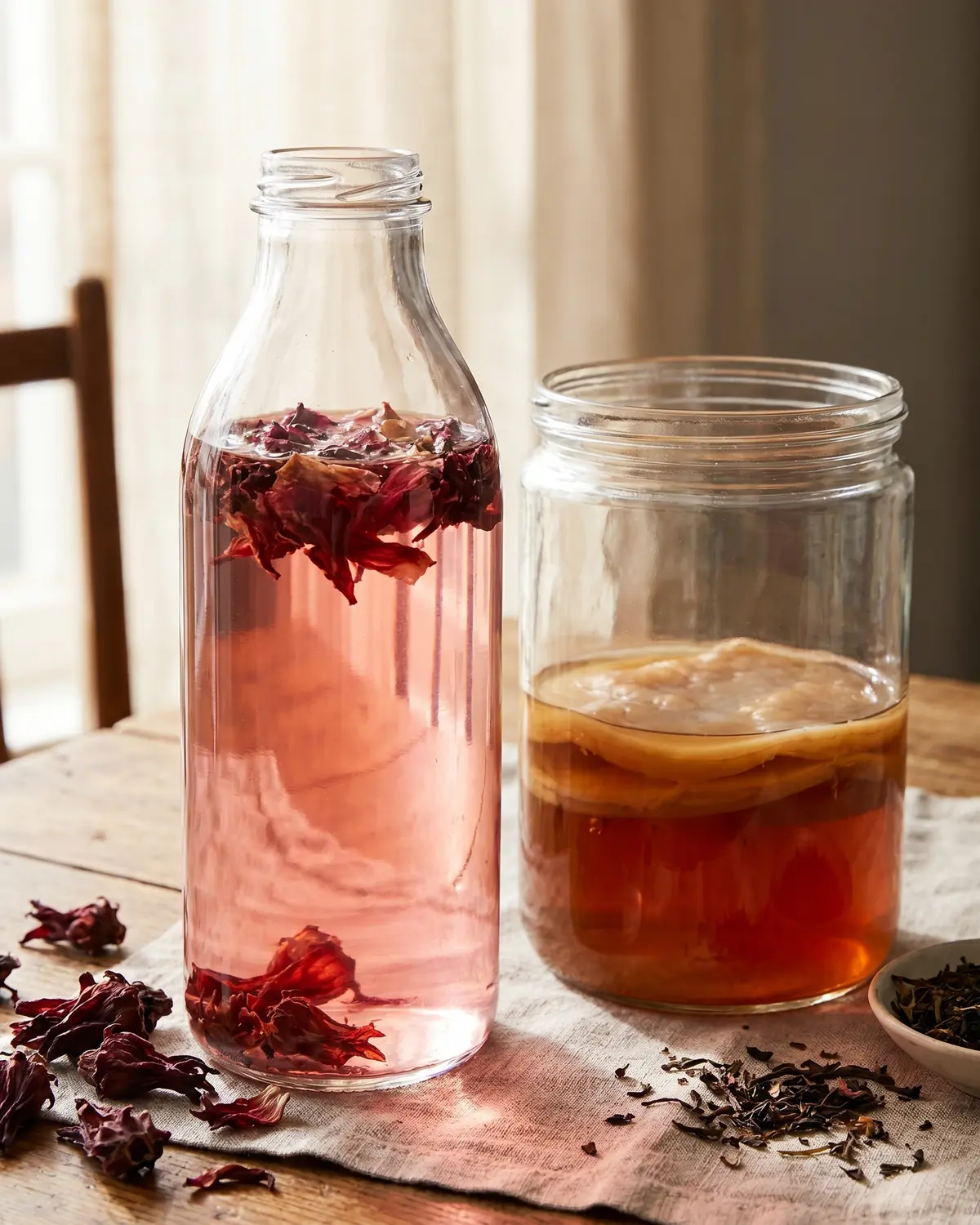 scubi kombucha Bottiglia trasparente di kombucha all’ibisco con tono rosato e luce naturale che attraversa il vetro