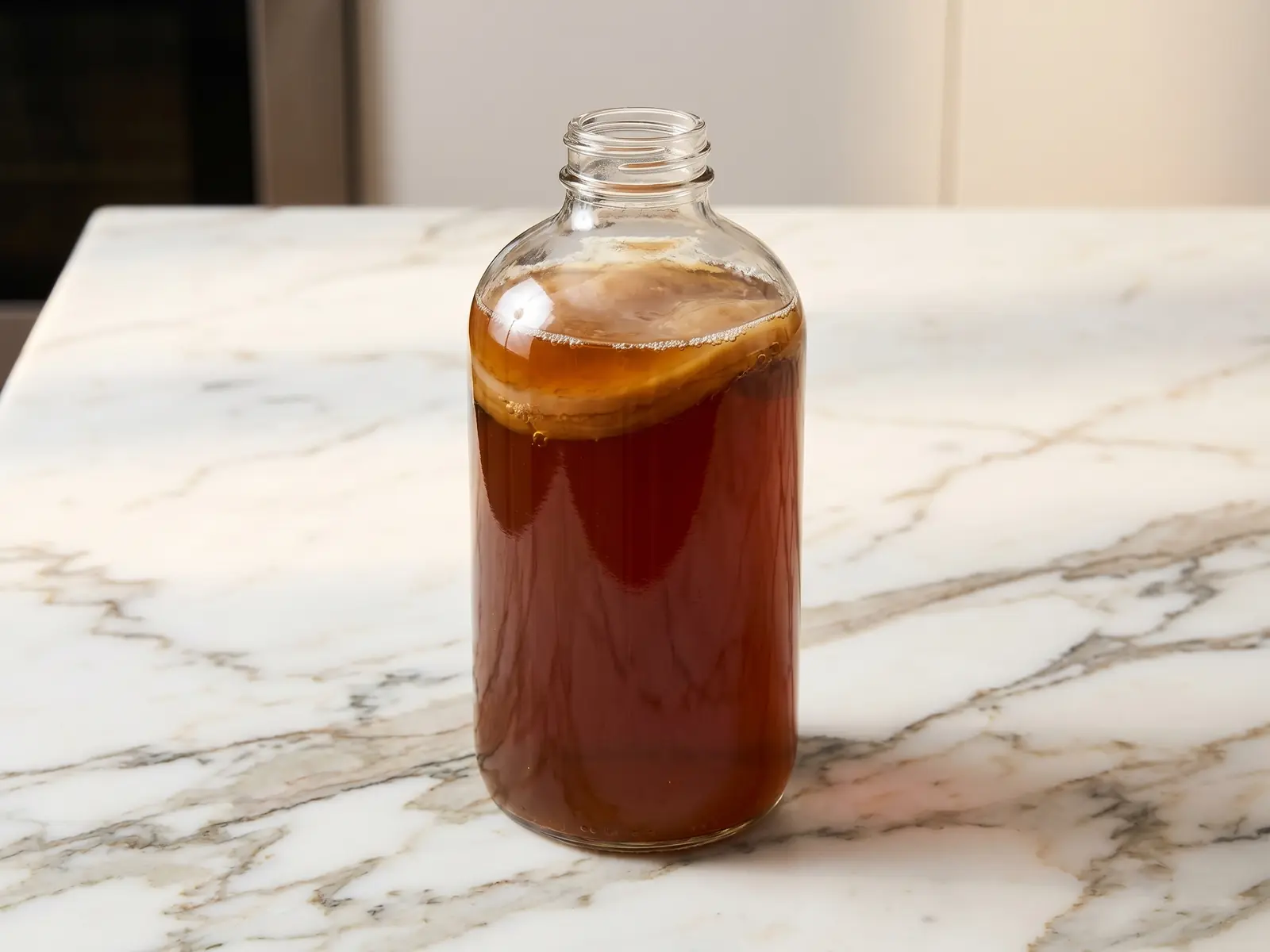 Bottiglia di kombucha ambrata su marmo bianco venato, con leggere bollicine visibili nel vetro.