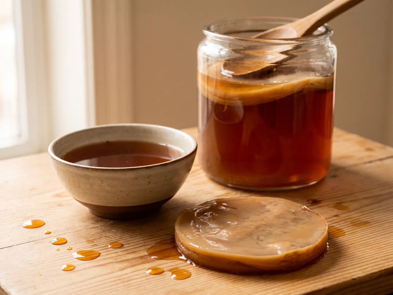kombucha muffa Barattolo di kombucha su tavolo di pino con gocce ambrate e una ciotola di tè sullo sfondo.