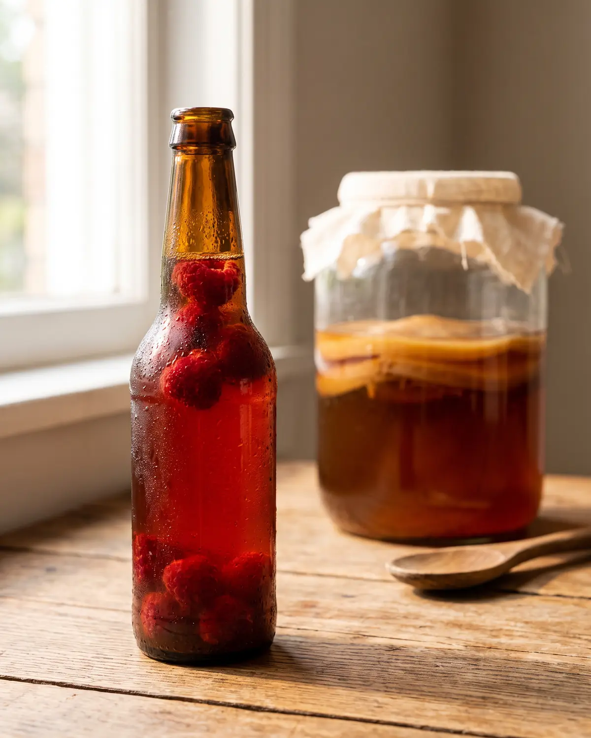 kombucha conad Gocce di condensa su una bottiglia ambrata fredda con lamponi, con il barattolo madre sullo sfondo