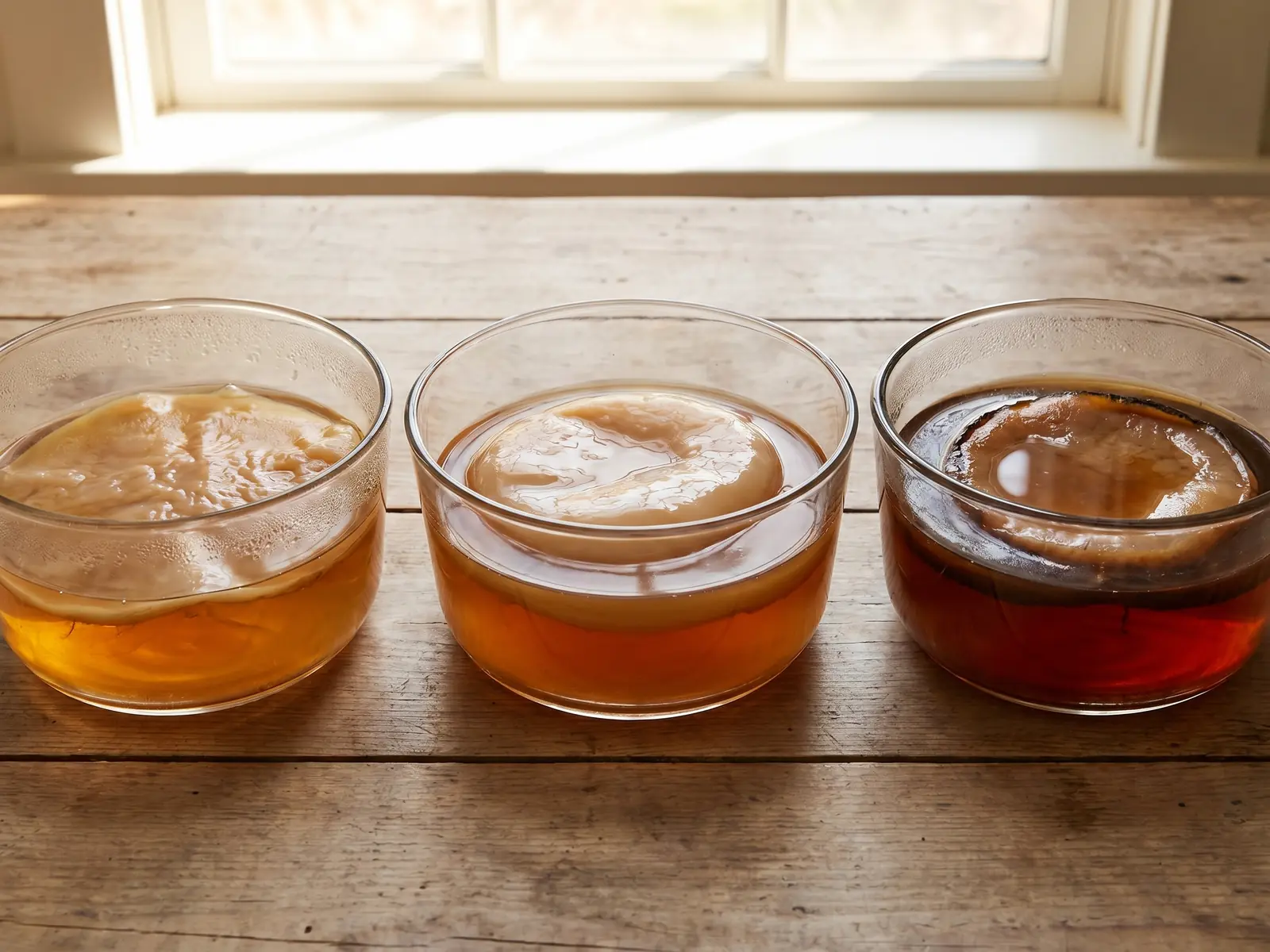 kombucha controindicazioni Tre ciotole mostrano SCOBY di diverso spessore e colore immersi nel tè madre di kombucha.