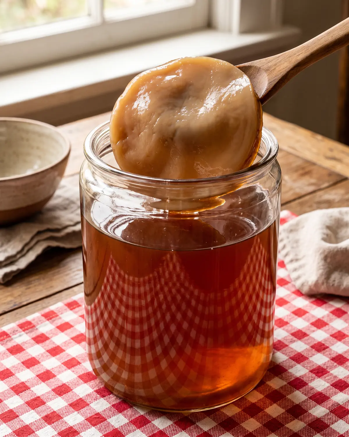 kefir kombucha & co Tè ambrato visto attraverso il vetro curvo, con SCOBY e riflessi di un tovagliato a quadri.