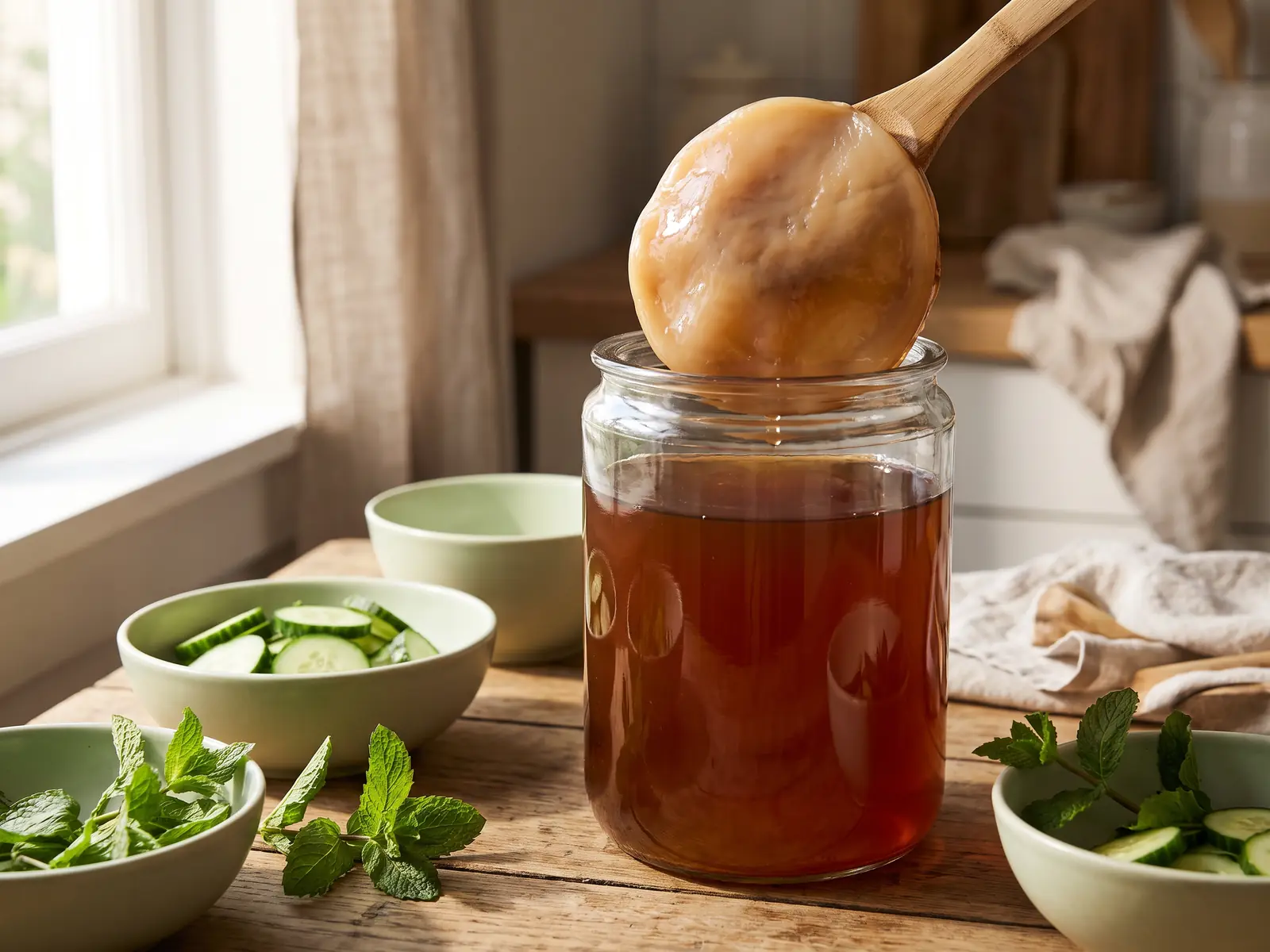 kombucha gusto Bodegón estivo con kombucha, SCOBY, cetriolo fresco, menta e ciotole verde chiaro su tavola.
