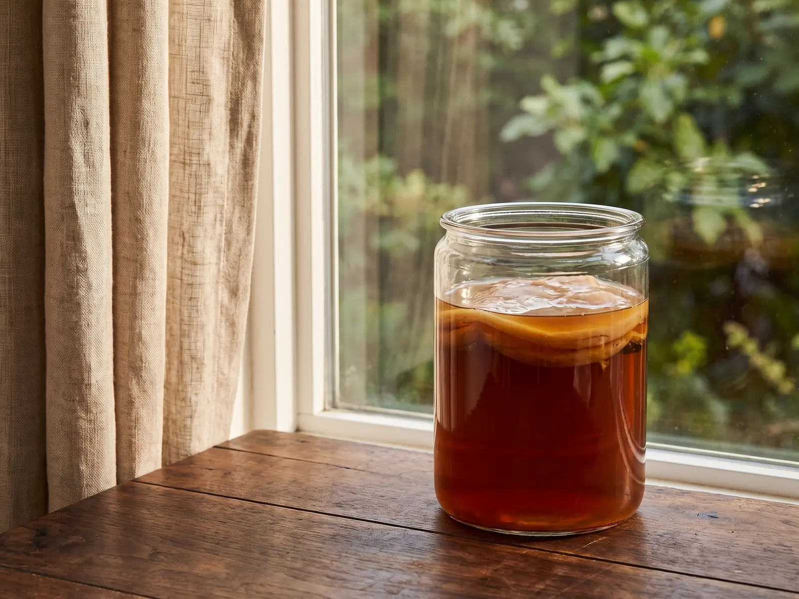 scoby kefir Barattolo con SCOBY beige riflesso su una finestra aperta, tra lino, legno scuro e foglie morbide.