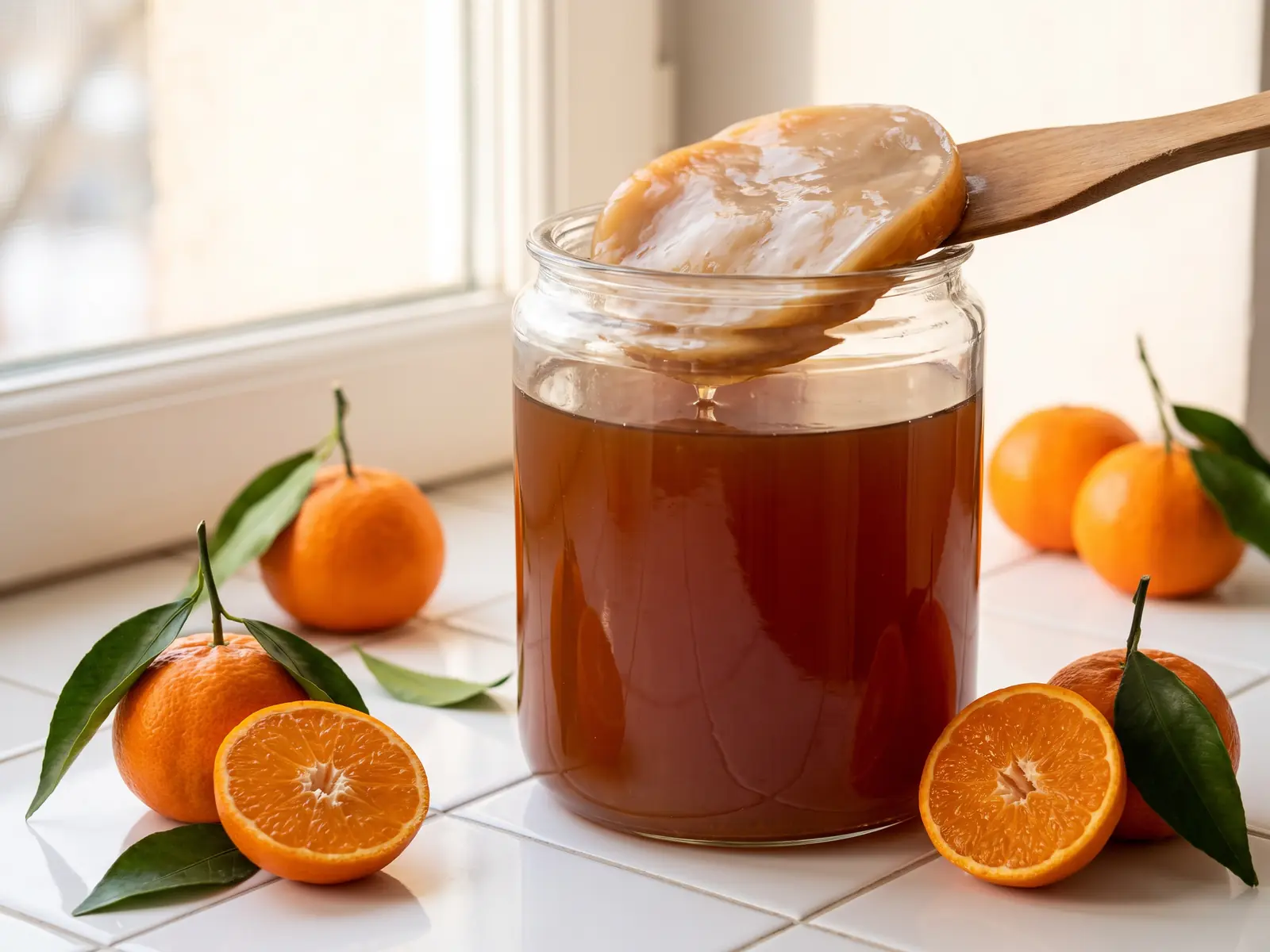 kombucha lidl Barattolo di kombucha con SCOBY e tè ambrato accanto a mandarini su piastrelle bianche luminose.